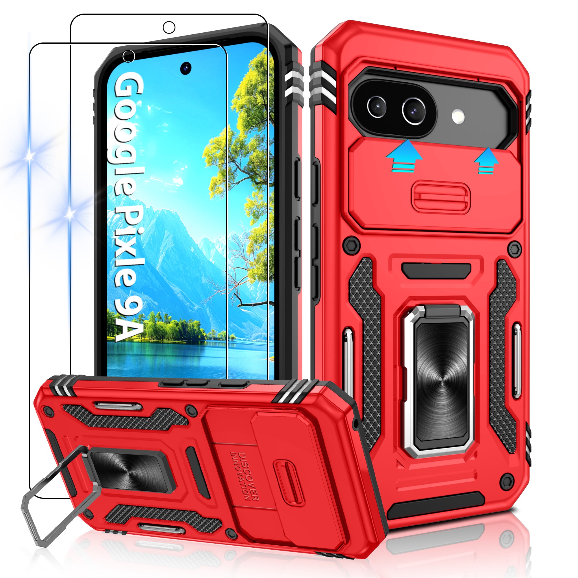 Jshru for Google Pixel 9A Case with Screen Protector,Camera Protective Cover,Ring Stand,Phone Case for Men and Women,Shockproof Bumper Phone Cover