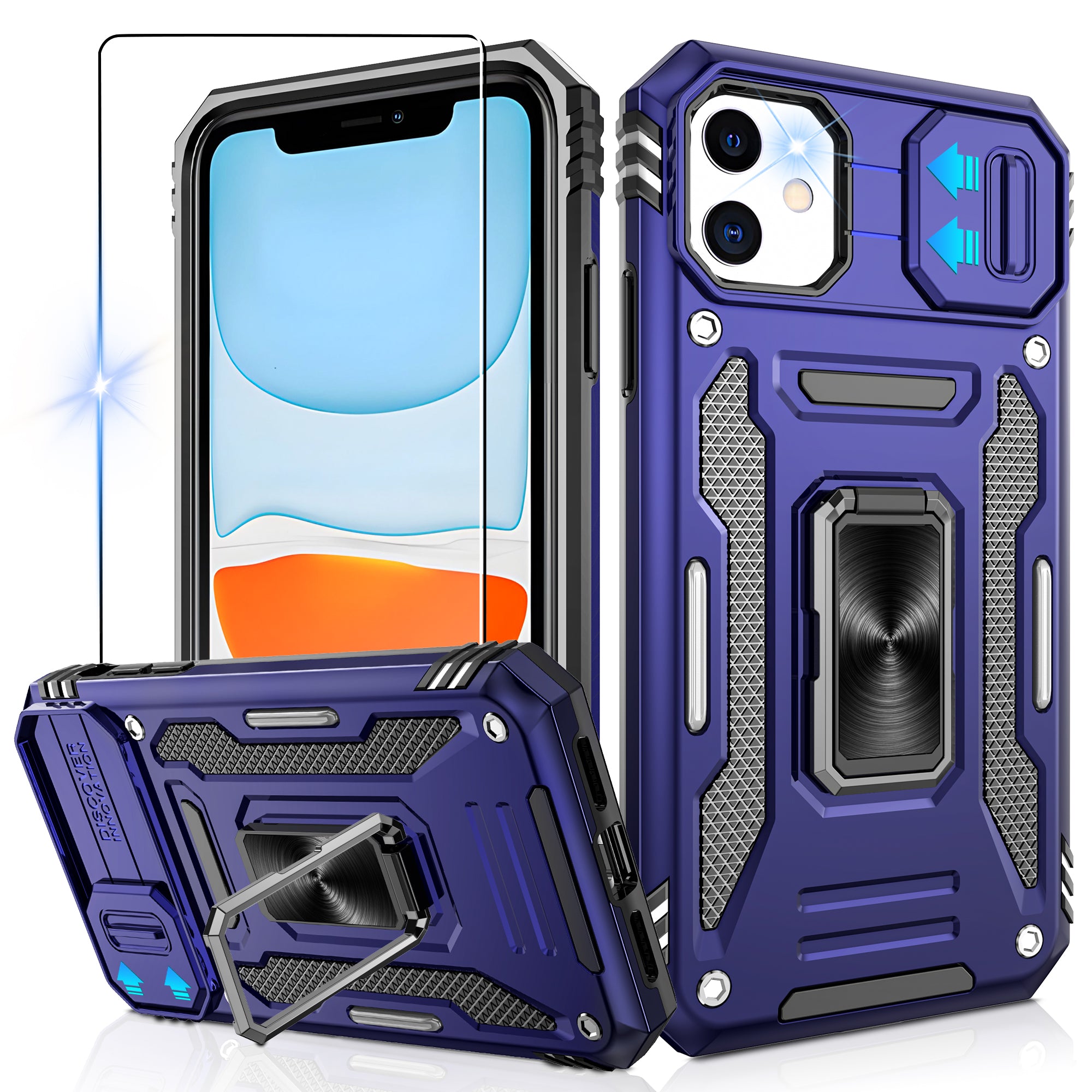 Jshru for iPhone 11 Case with Screen Protector,Camera Protective Cover,Ring Stand,Phone Case for Men and Women,Shockproof Bumper Phone Cover