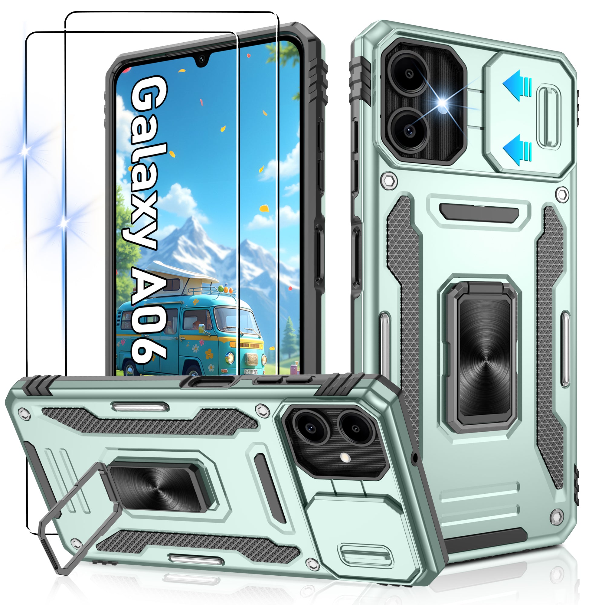 Jshru for Samsung Phone Case with Screen Protector,Camera Protective Cover,Ring Stand,Shockproof Bumper Phone Cover
