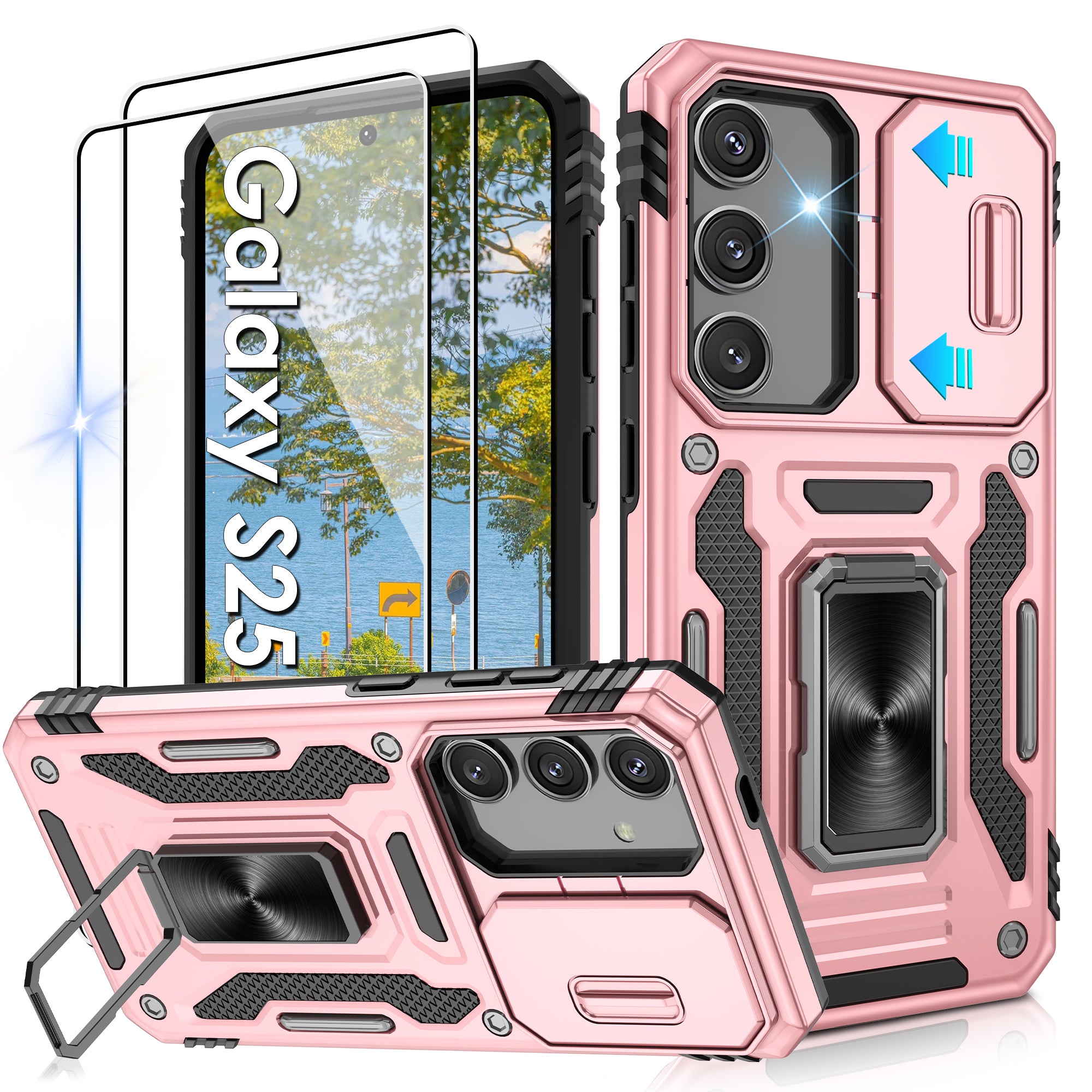 Jshru for Samsung S24/S25 Case with Screen Protector,Camera Protective Cover,Ring Stand,Phone Case for Men and Women,Shockproof Bumper Phone Cover