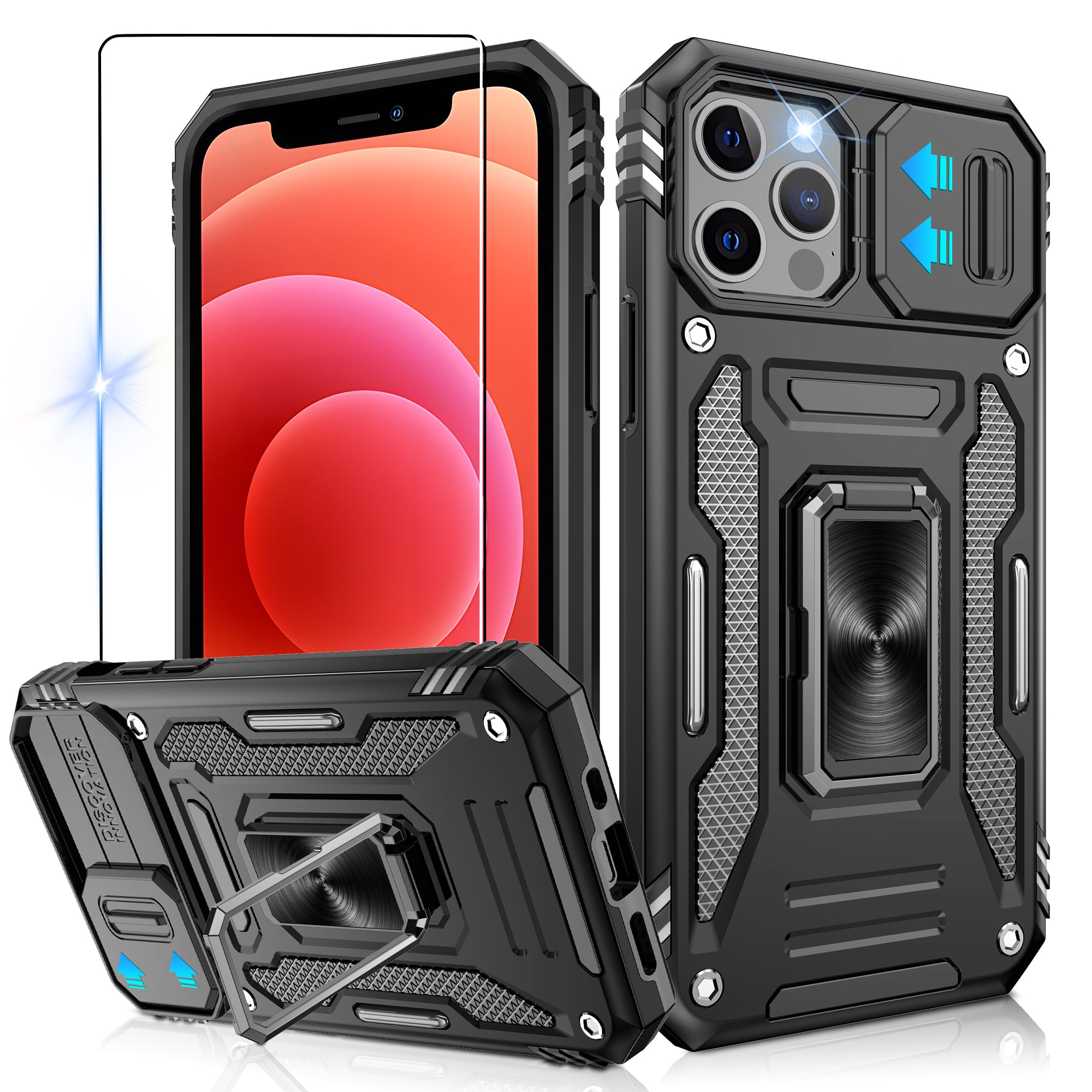 Jshru for iPhone 12/12 Pro Case with Screen Protector,Camera Protective Cover,Ring Stand,Phone Case for Men and Women,Shockproof Bumper Phone Cover