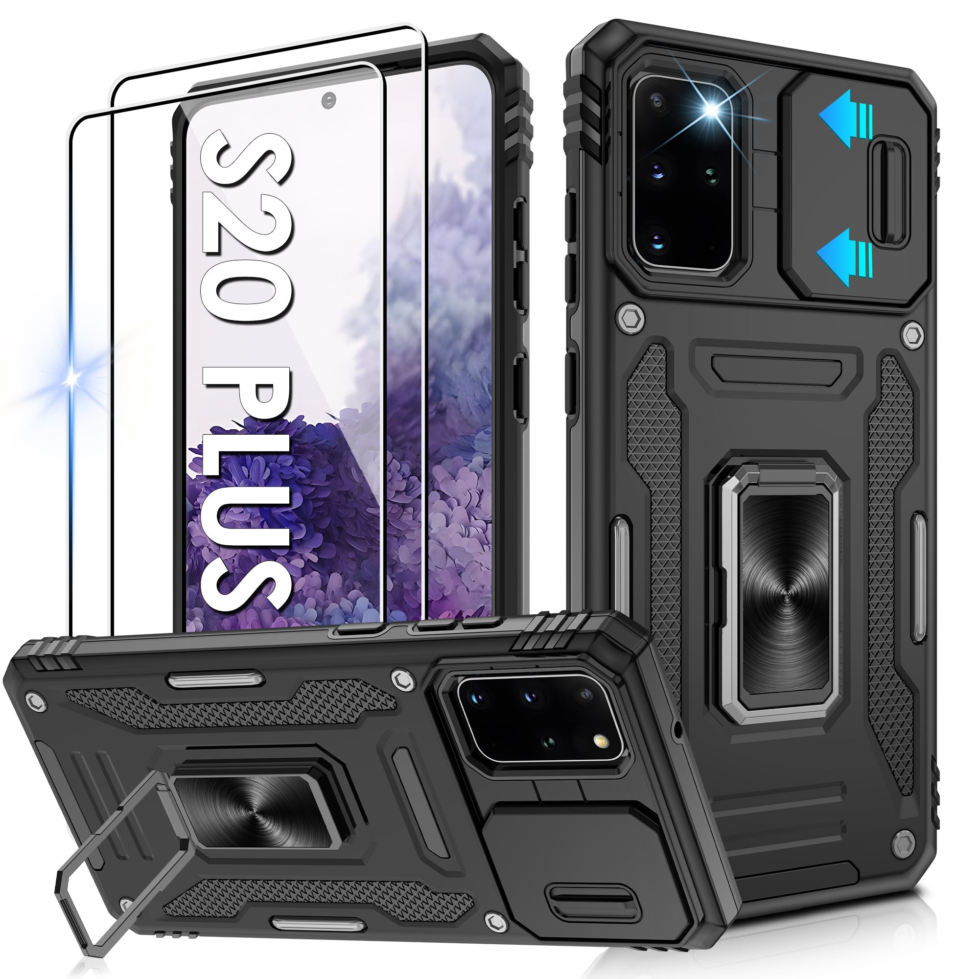 Jshru for Samsung Galaxy S20 Plus Case with Screen Protector,Camera Protective Cover,Ring Stand,Phone Case for Men and Women,Shockproof Bumper Phone Cover