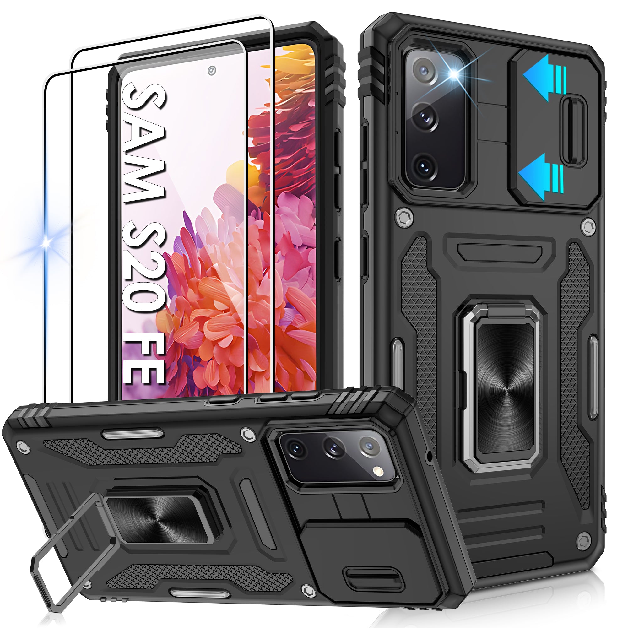 Jshru for Samsung Galaxy S20 FE Case with Screen Protector,Camera Protective Cover,Ring Stand,Phone Case for Men and Women,Shockproof Bumper Phone Cover