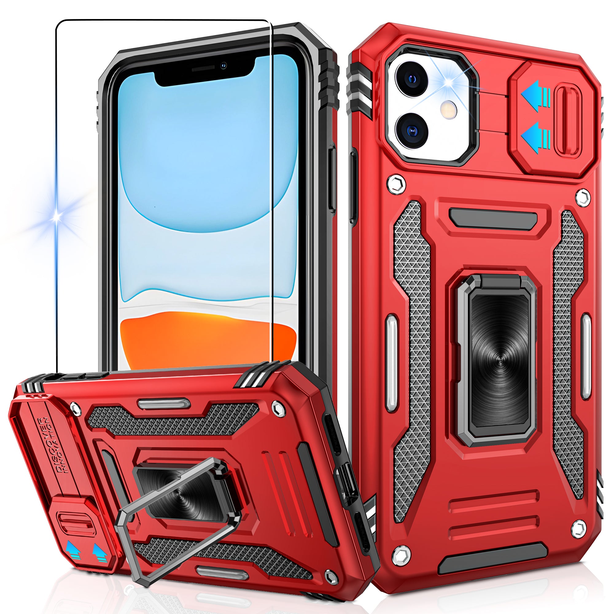 Jshru for iPhone 11 Case with Screen Protector,Camera Protective Cover,Ring Stand,Phone Case for Men and Women,Shockproof Bumper Phone Cover