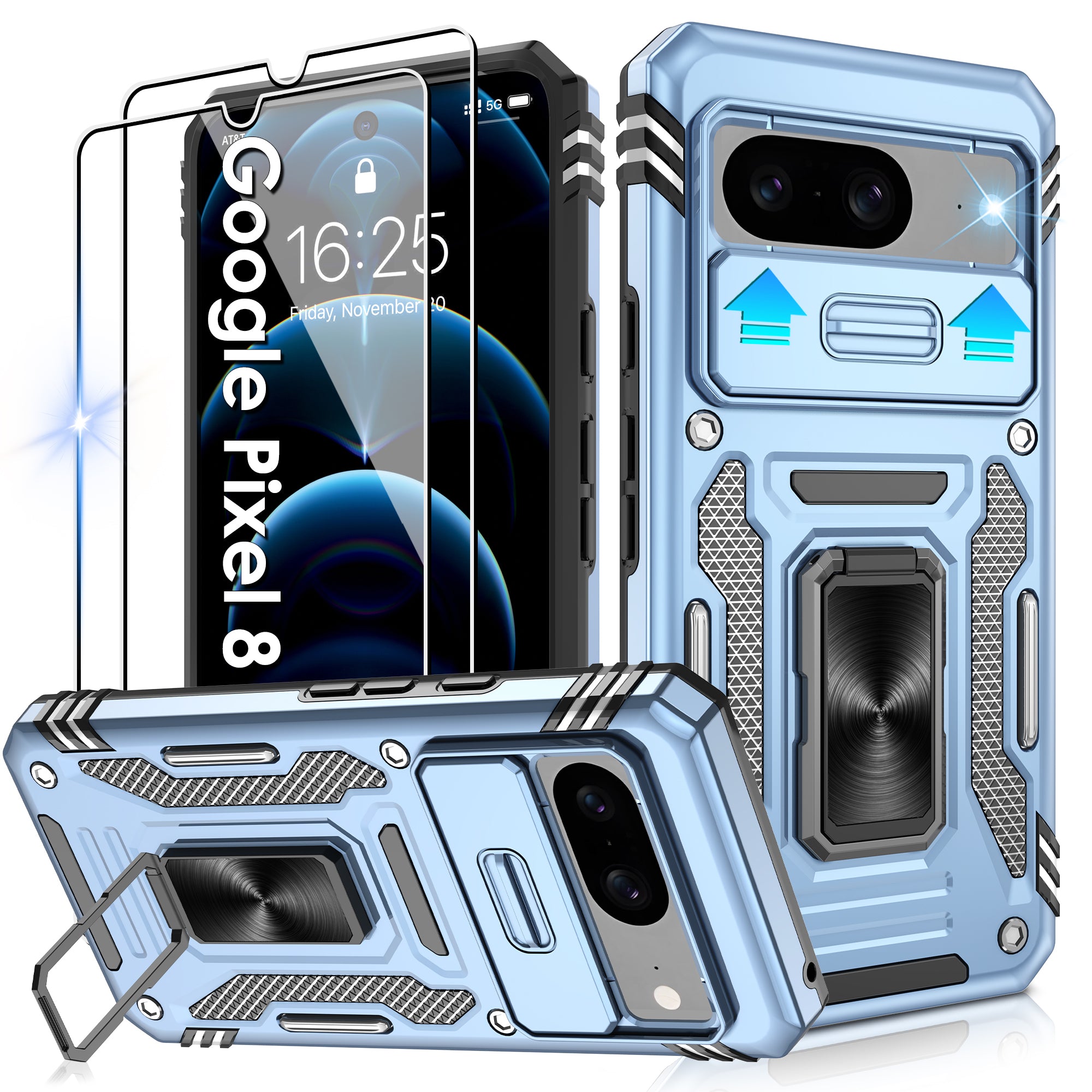 Jshru for Google Pixel 8 Case with Screen Protector,Camera Protective Cover,Ring Stand,Phone Case for Men and Women,Shockproof Bumper Phone Cover