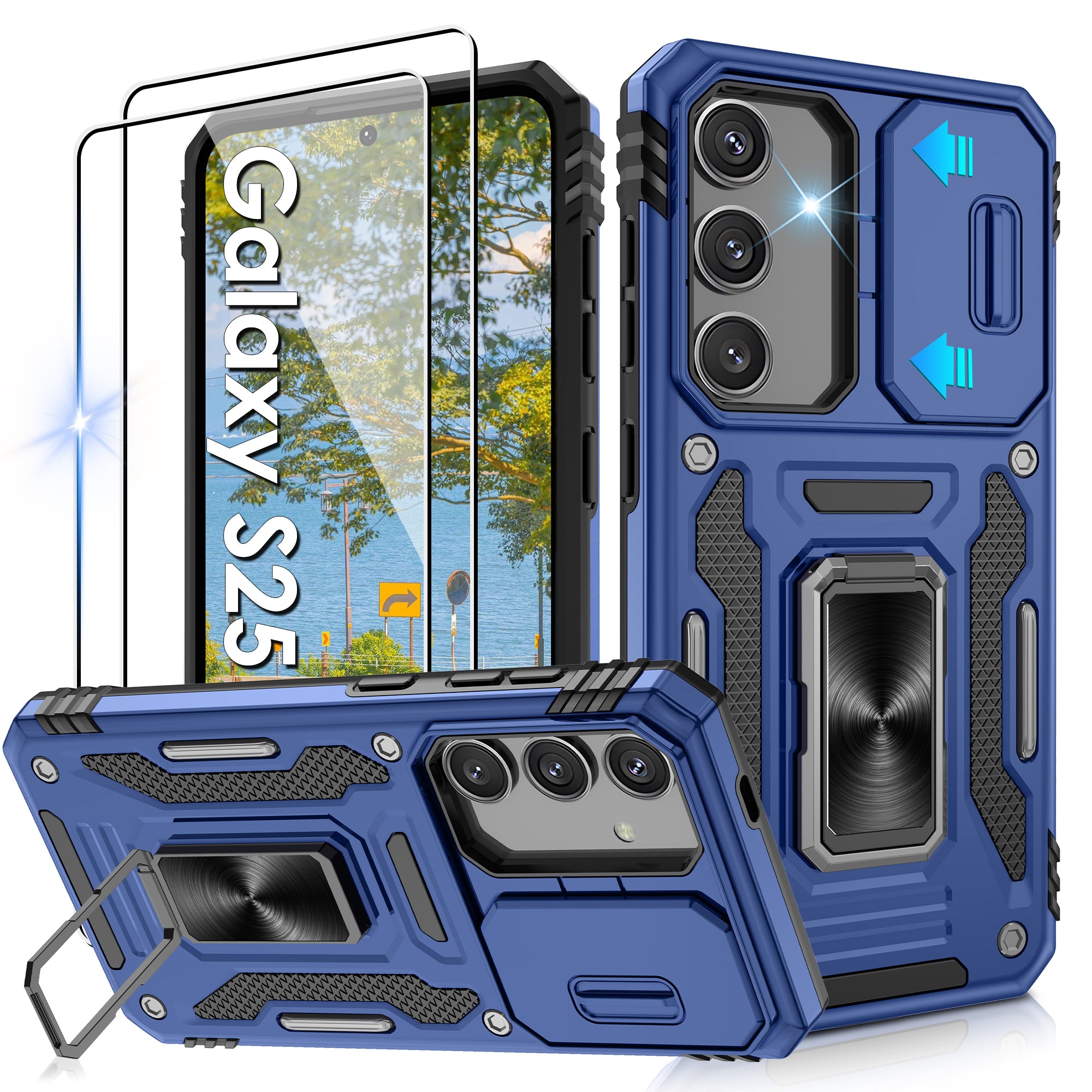 Jshru for Samsung S24/S25 Case with Screen Protector,Camera Protective Cover,Ring Stand,Phone Case for Men and Women,Shockproof Bumper Phone Cover