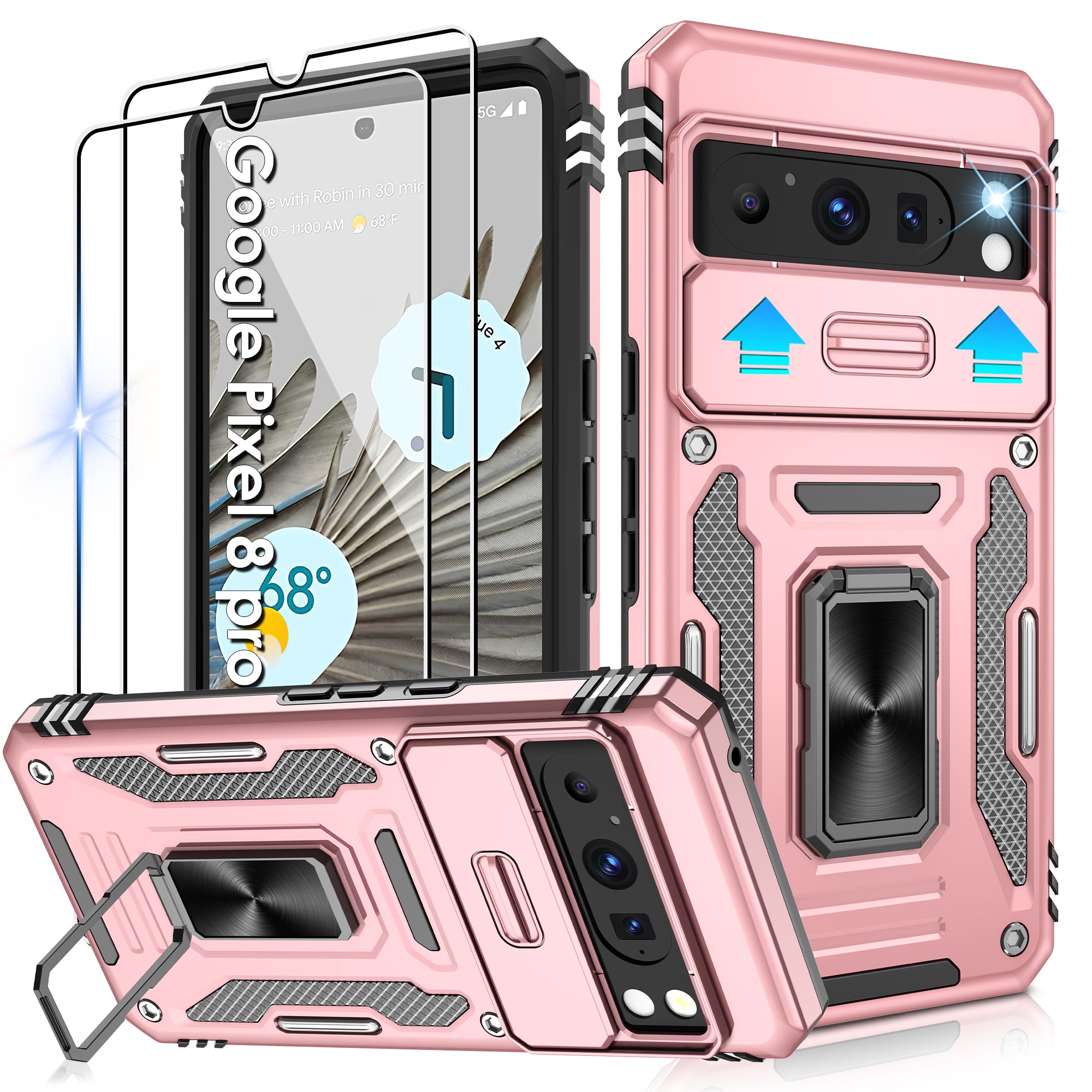 Jshru for Google Pixel 8 Pro Case with Screen Protector,Camera Protective Cover,Ring Stand,Phone Case for Men and Women,Shockproof Bumper Phone Cover