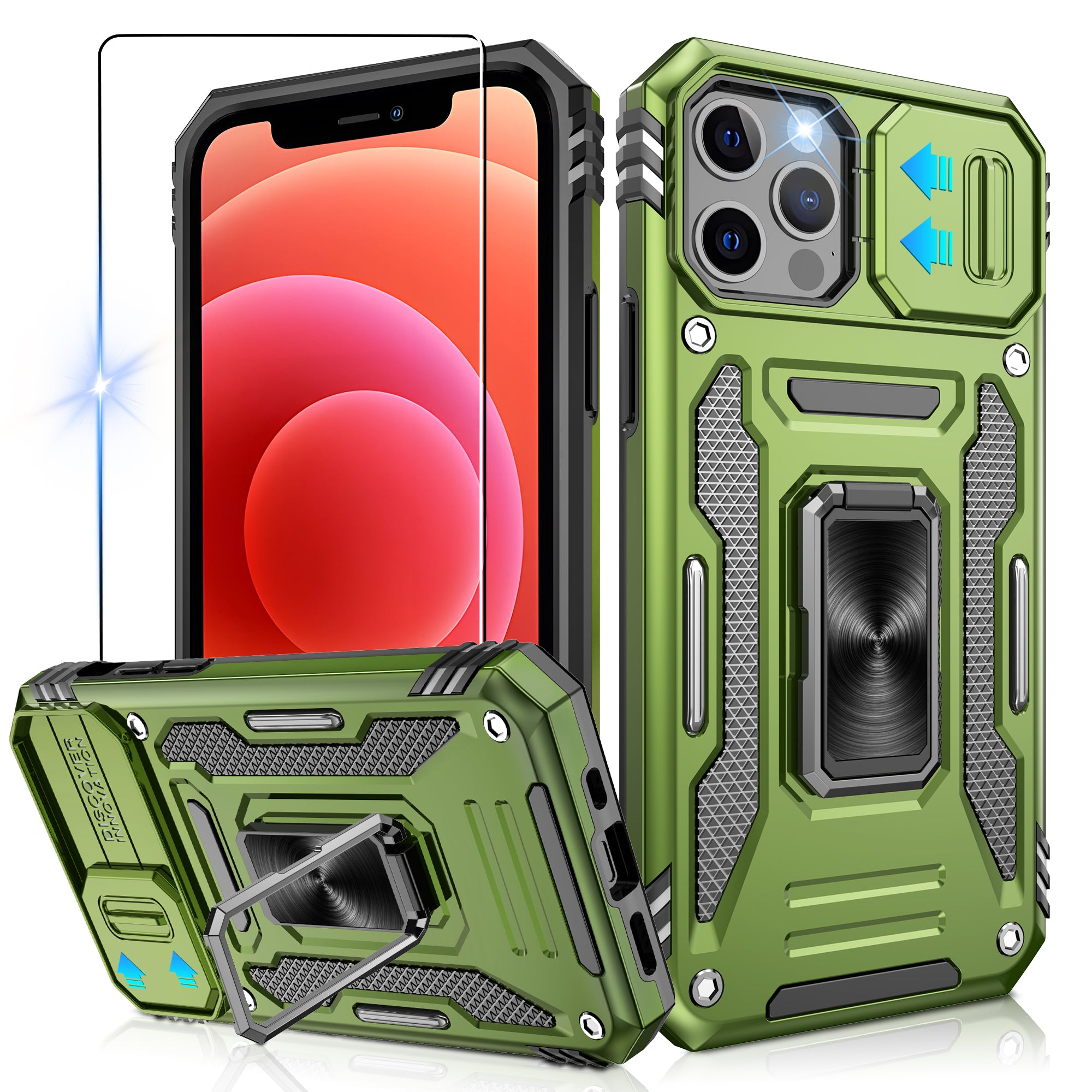 Jshru for iPhone 12/12 Pro Case with Screen Protector,Camera Protective Cover,Ring Stand,Phone Case for Men and Women,Shockproof Bumper Phone Cover