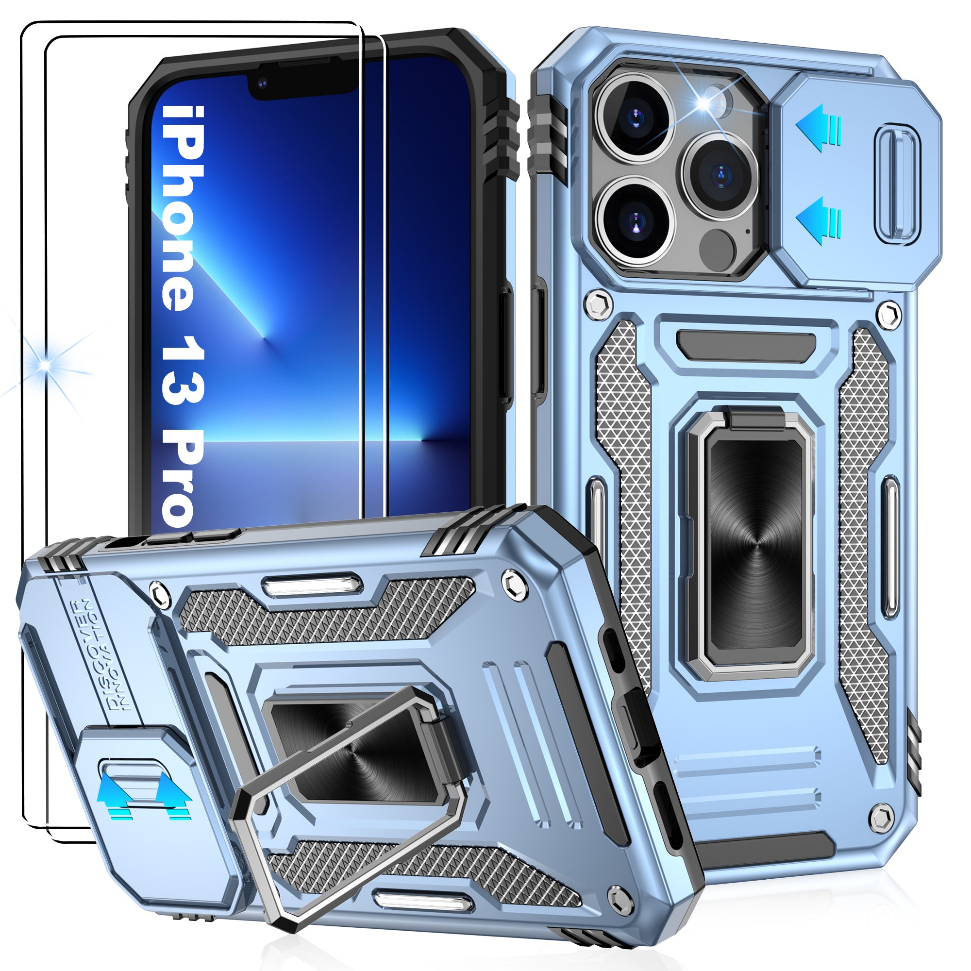 Jshru for iPhone 13 Pro Case with Screen Protector,Camera Protective Cover,Ring Stand,Phone Case for Men and Women,Shockproof Bumper Phone Cover