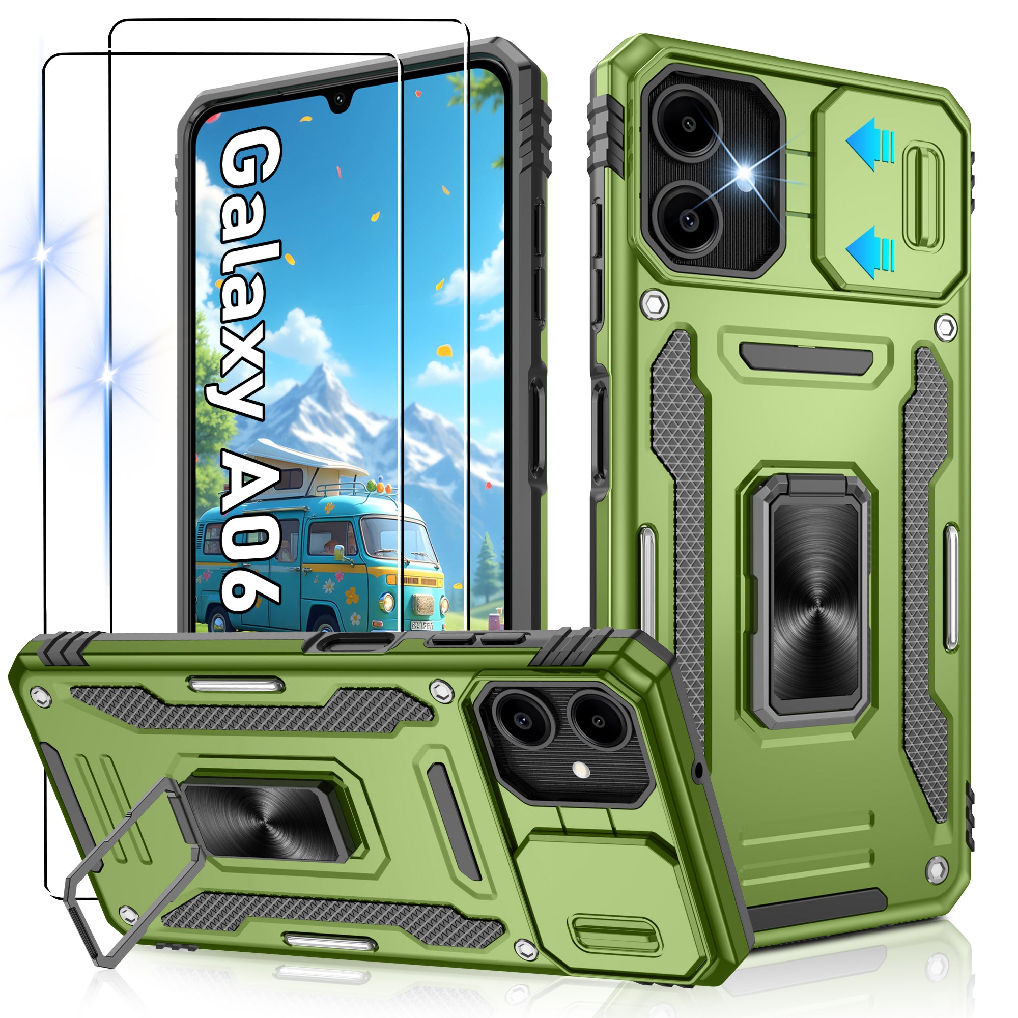 Jshru for Samsung Phone Case with Screen Protector,Camera Protective Cover,Ring Stand,Shockproof Bumper Phone Cover