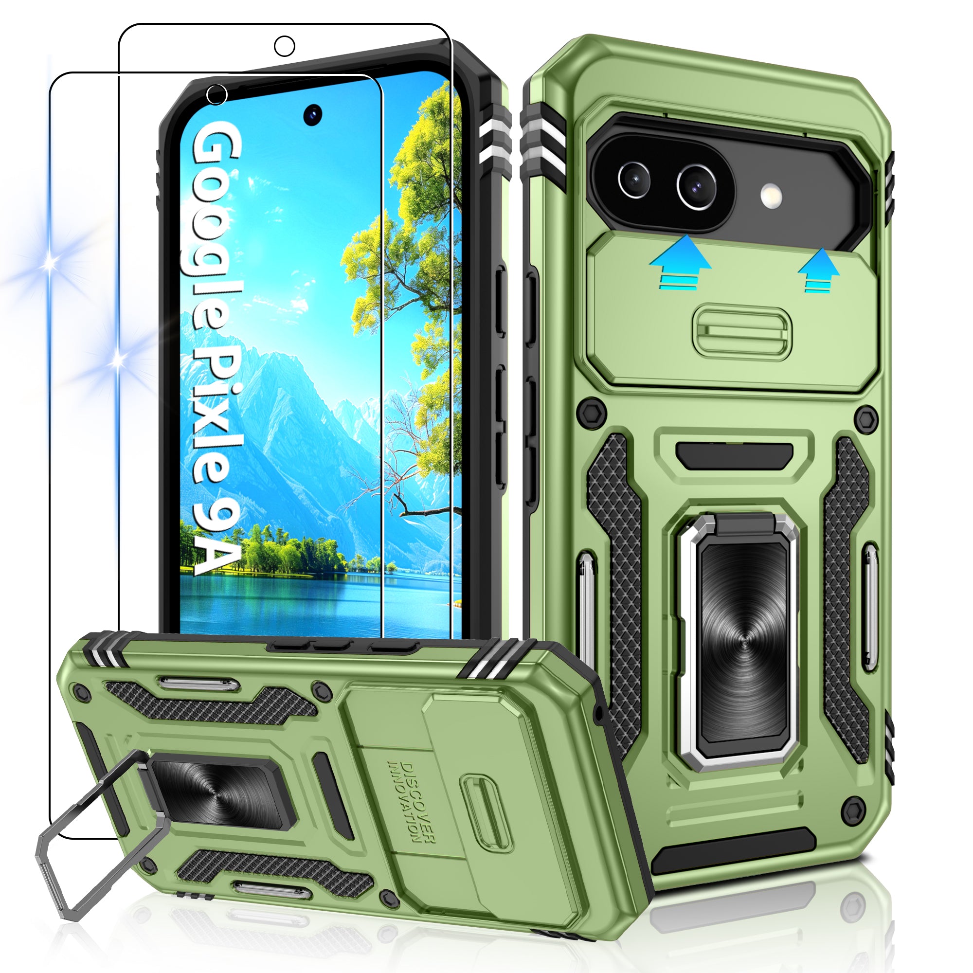 Jshru for Google Pixel 9A Case with Screen Protector,Camera Protective Cover,Ring Stand,Phone Case for Men and Women,Shockproof Bumper Phone Cover