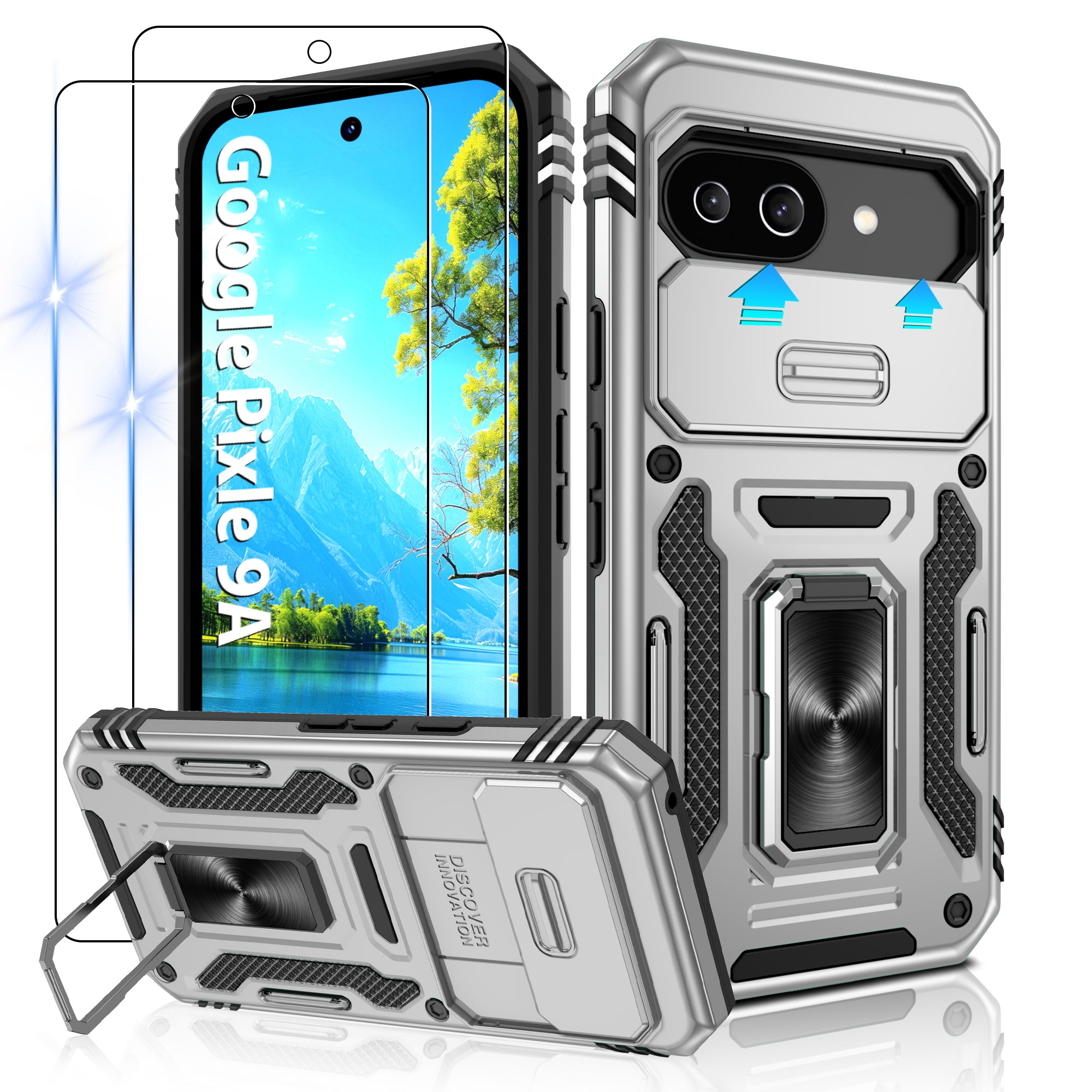 Jshru for Google Pixel 9A Case with Screen Protector,Camera Protective Cover,Ring Stand,Phone Case for Men and Women,Shockproof Bumper Phone Cover