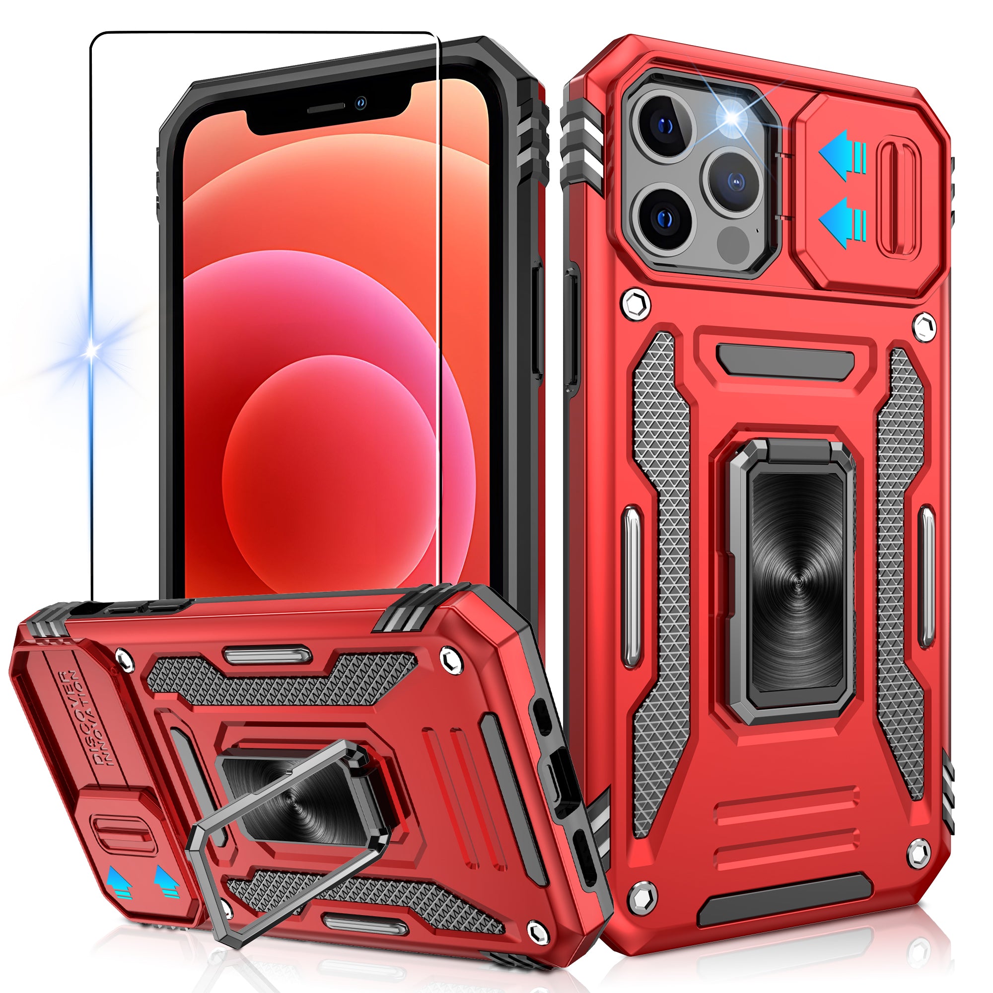 Jshru for iPhone 12/12 Pro Case with Screen Protector,Camera Protective Cover,Ring Stand,Phone Case for Men and Women,Shockproof Bumper Phone Cover