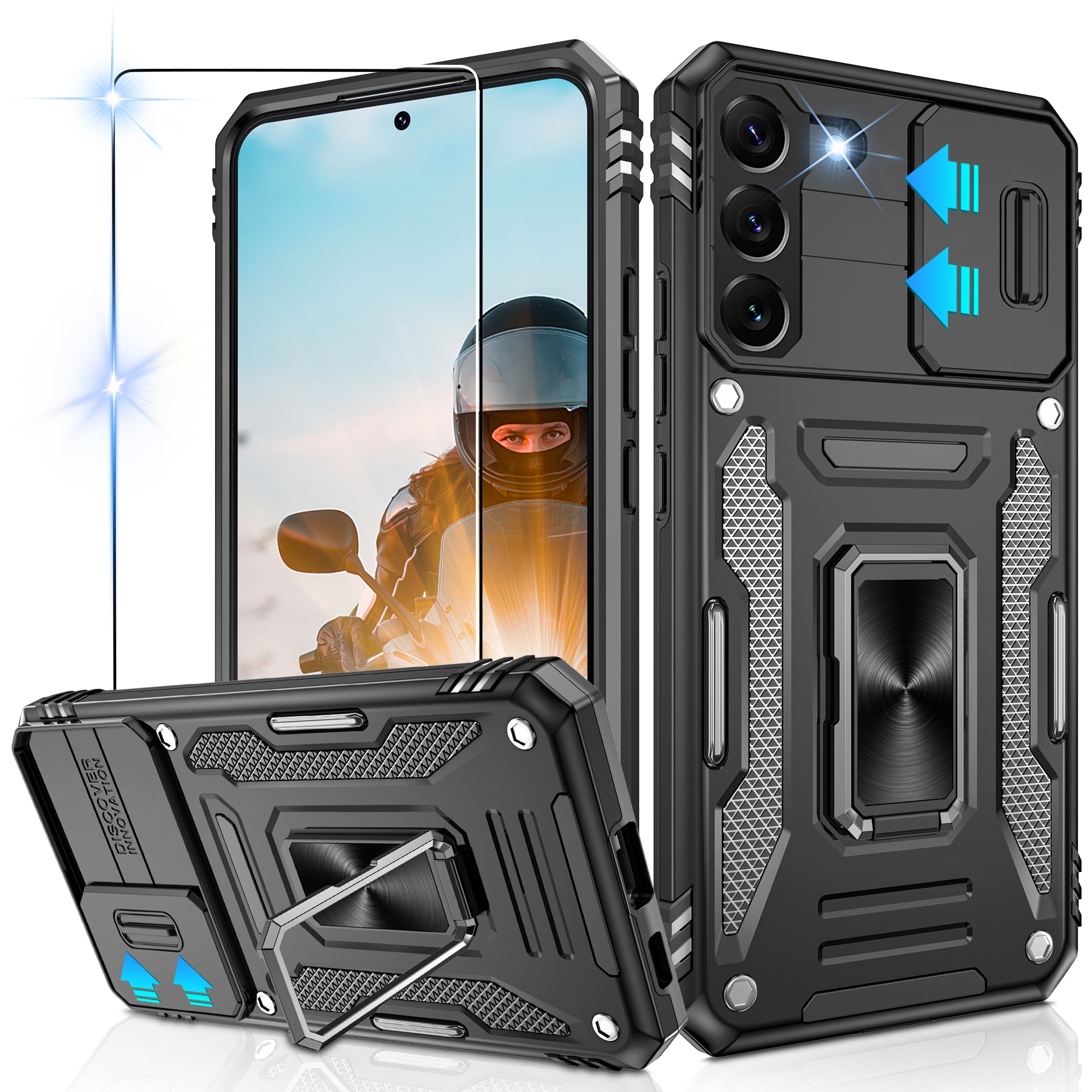 Jshru for Samsung Galaxy S22 Case with Screen Protector,Camera Protective Cover,Ring Stand,Phone Case for Men and Women,Shockproof Bumper Phone Cover