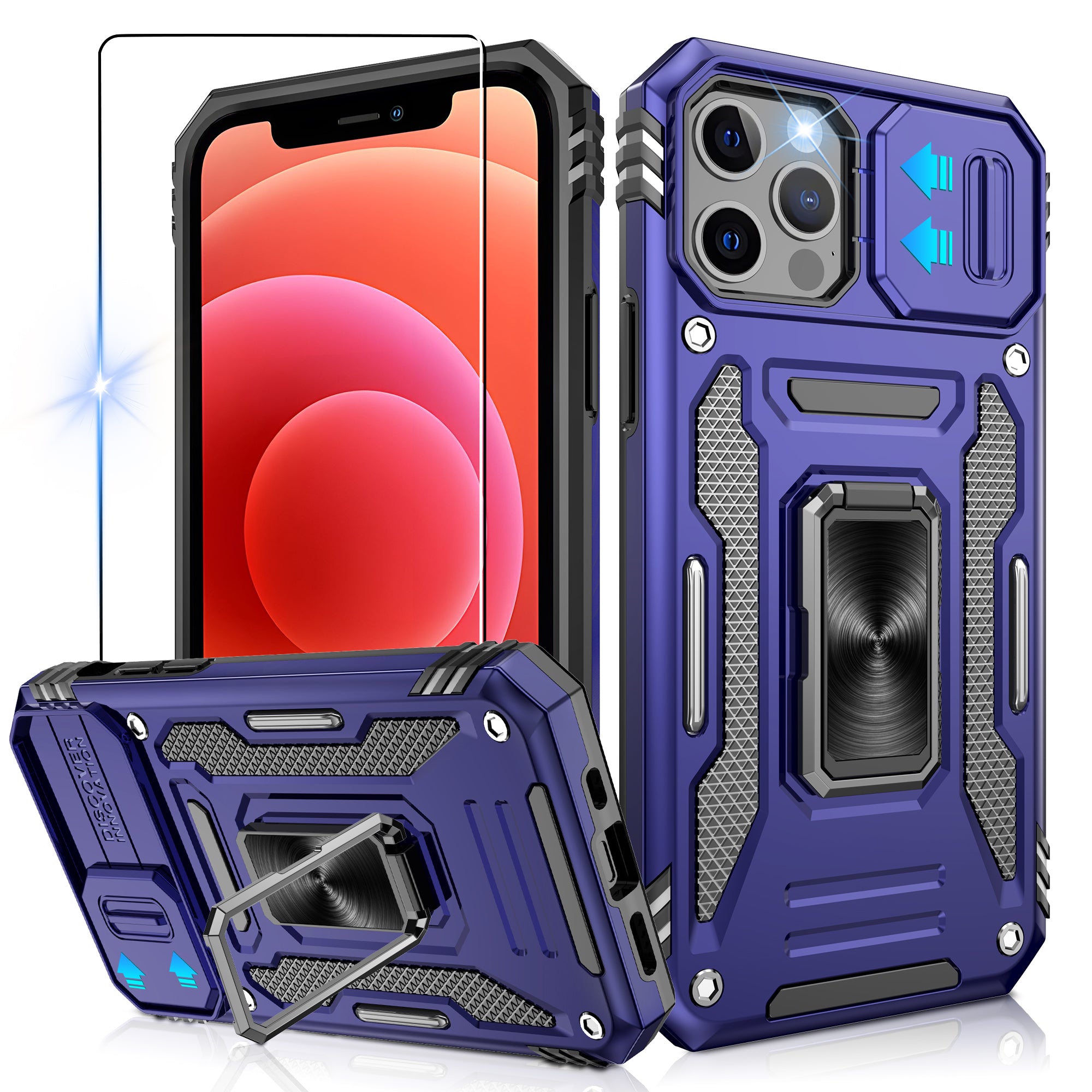 Jshru for iPhone 12/12 Pro Case with Screen Protector,Camera Protective Cover,Ring Stand,Phone Case for Men and Women,Shockproof Bumper Phone Cover