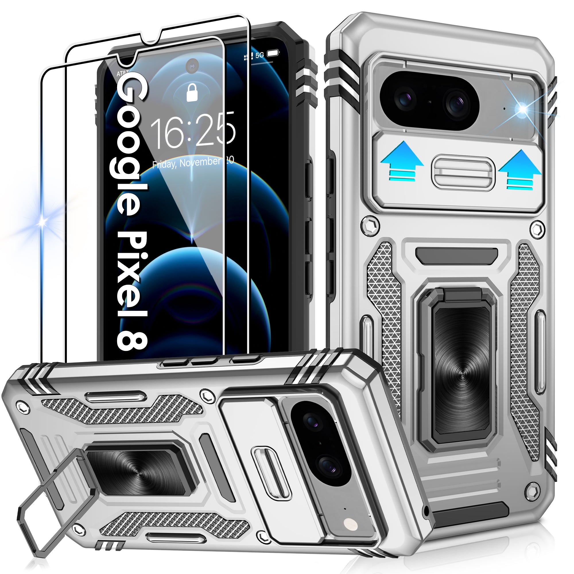 Jshru for Google Pixel 8 Case with Screen Protector,Camera Protective Cover,Ring Stand,Phone Case for Men and Women,Shockproof Bumper Phone Cover