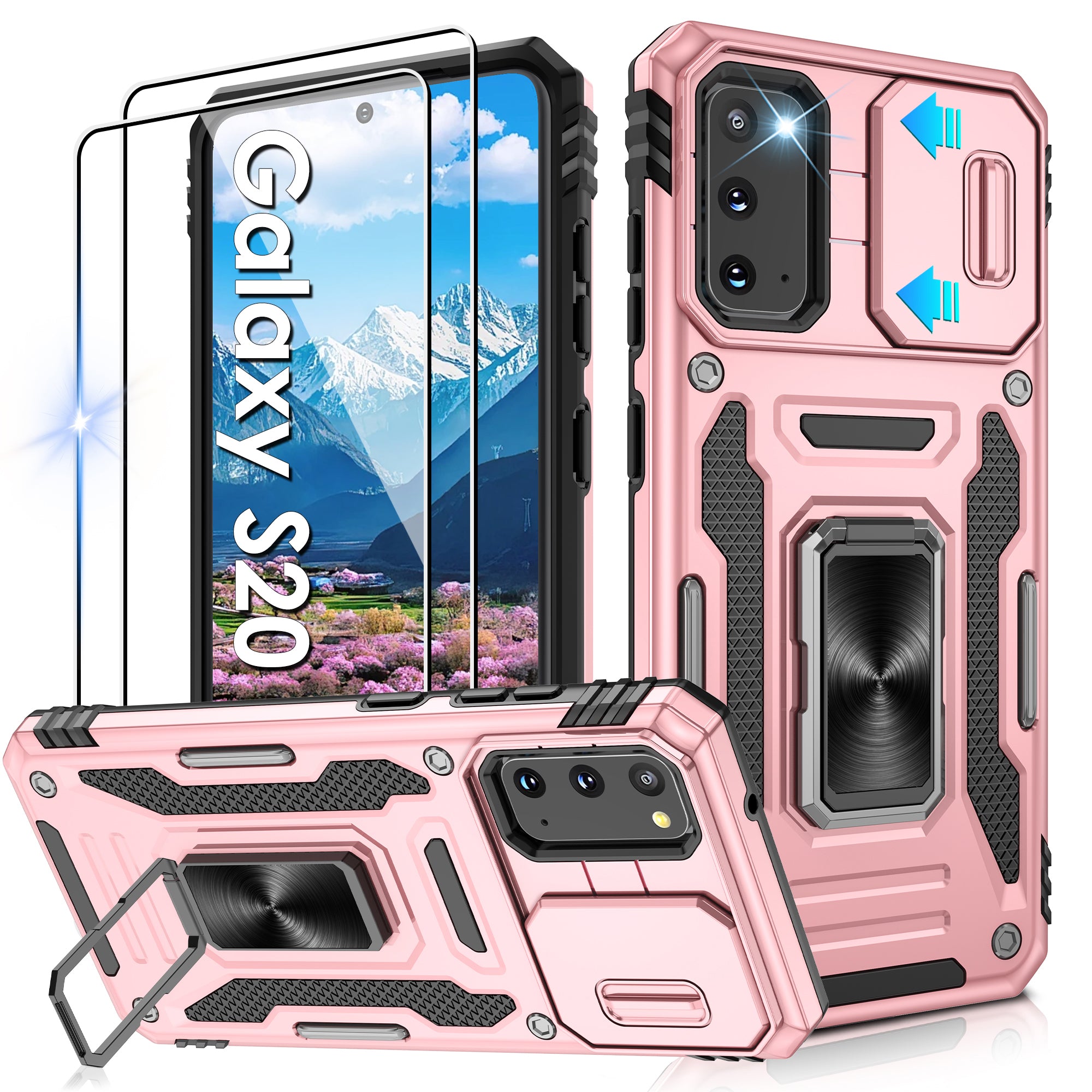 Jshru for Samsung Galaxy S20 Case with Screen Protector,Camera Protective Cover,Ring Stand,Phone Case for Men and Women,Shockproof Bumper Phone Cover