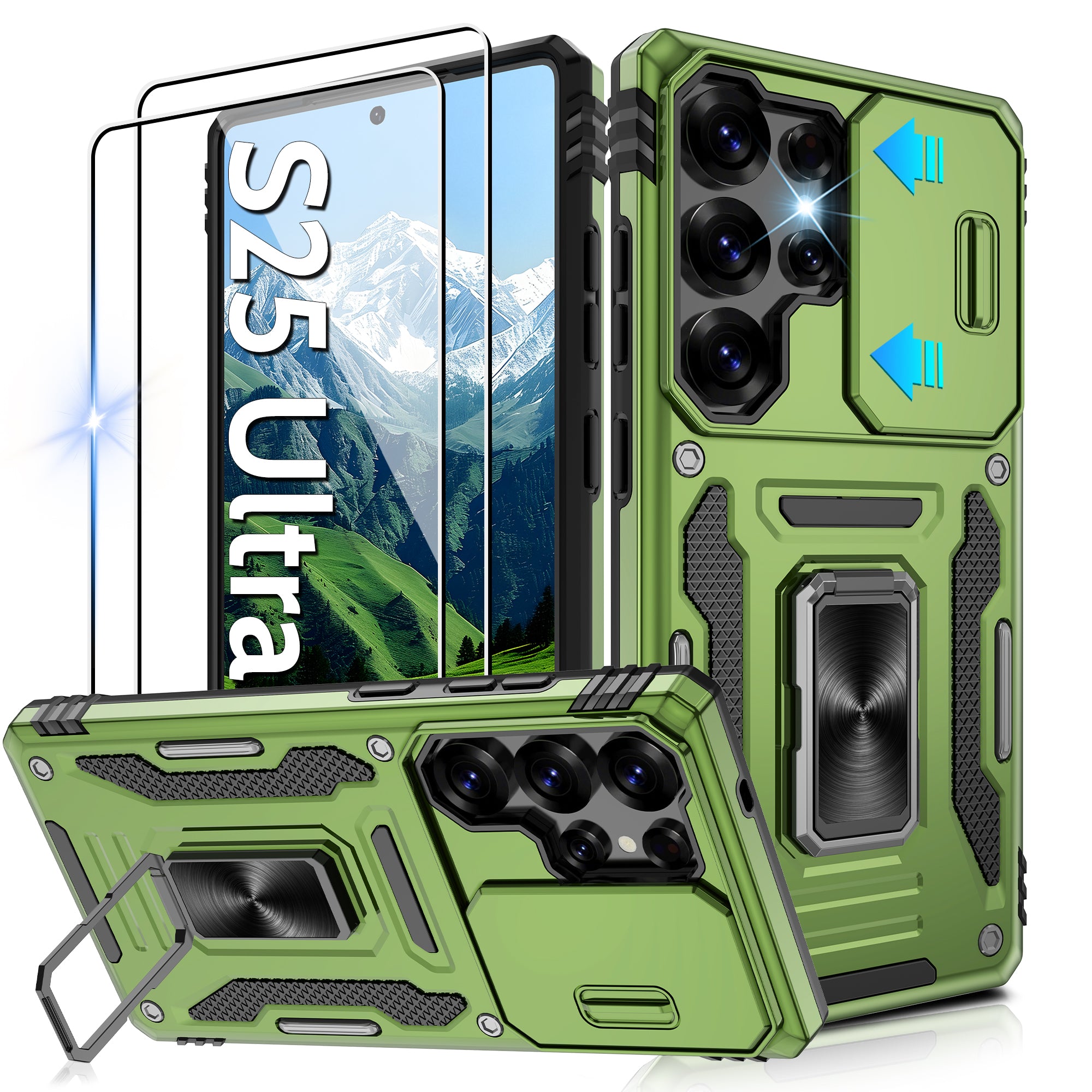 Jshru for Samsung Galaxy S25 Ultra Case with Screen Protector,Camera Protective Cover,Ring Stand,Phone Case for Men and Women,Shockproof Bumper Phone Cover