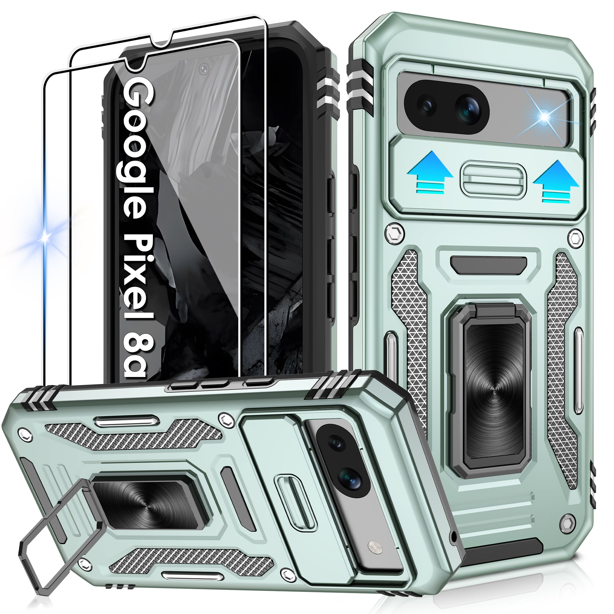 Jshru for Google Pixel 8A Case with Screen Protector,Camera Protective Cover,Ring Stand,Phone Case for Men and Women,Shockproof Bumper Phone Cover