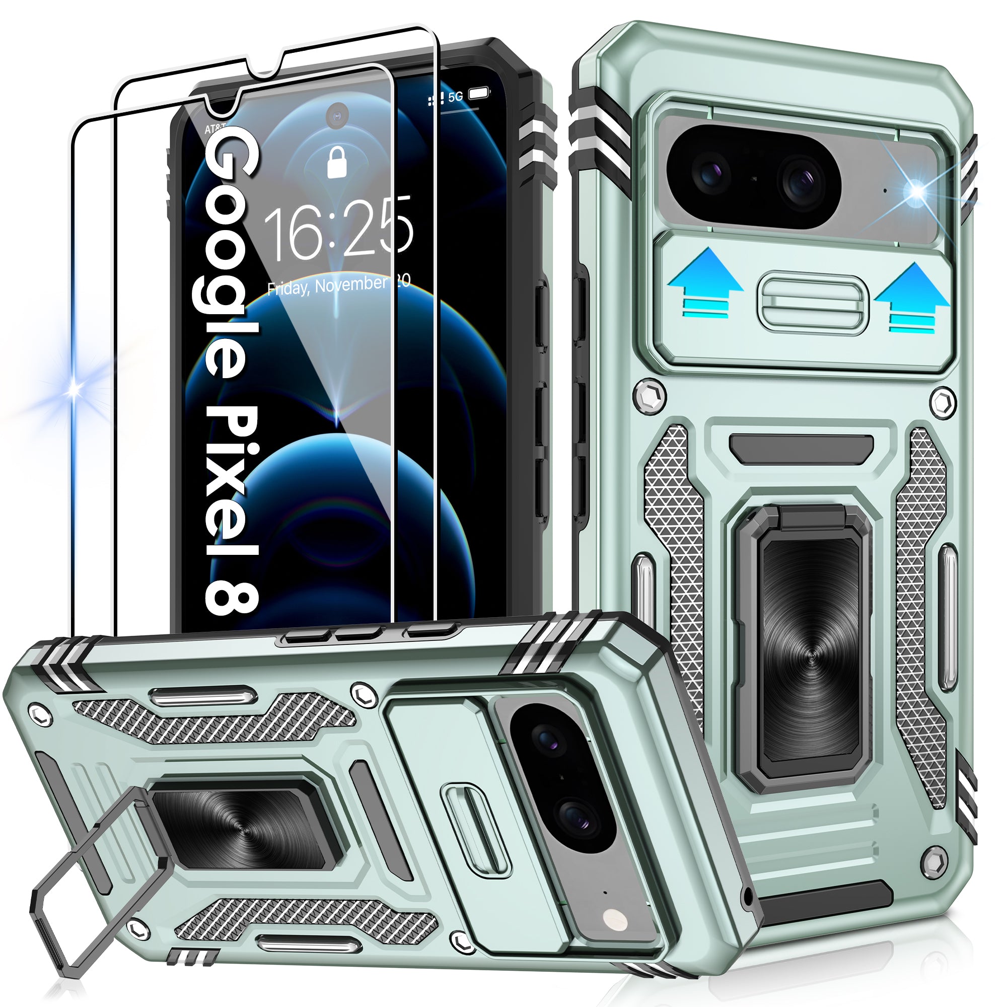 Jshru for Google Pixel 8 Case with Screen Protector,Camera Protective Cover,Ring Stand,Phone Case for Men and Women,Shockproof Bumper Phone Cover