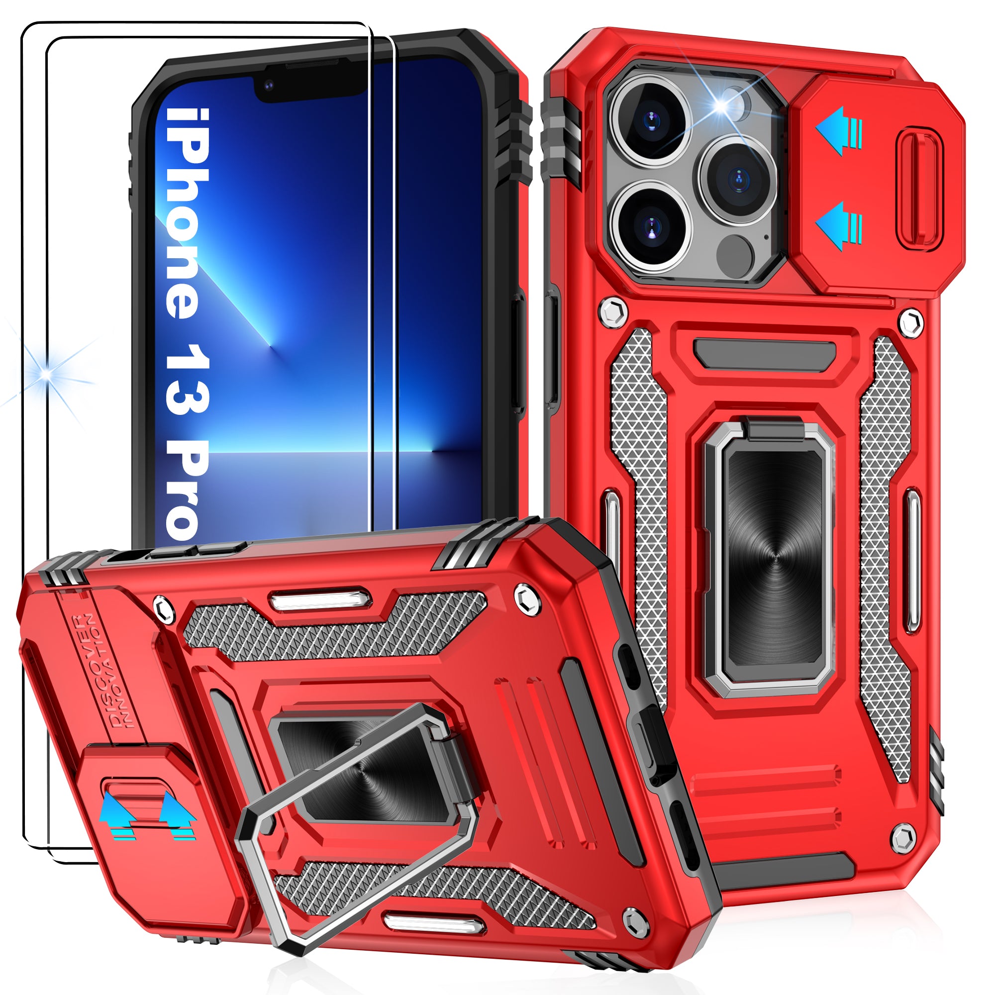 Jshru for iPhone 13 Pro Case with Screen Protector,Camera Protective Cover,Ring Stand,Phone Case for Men and Women,Shockproof Bumper Phone Cover
