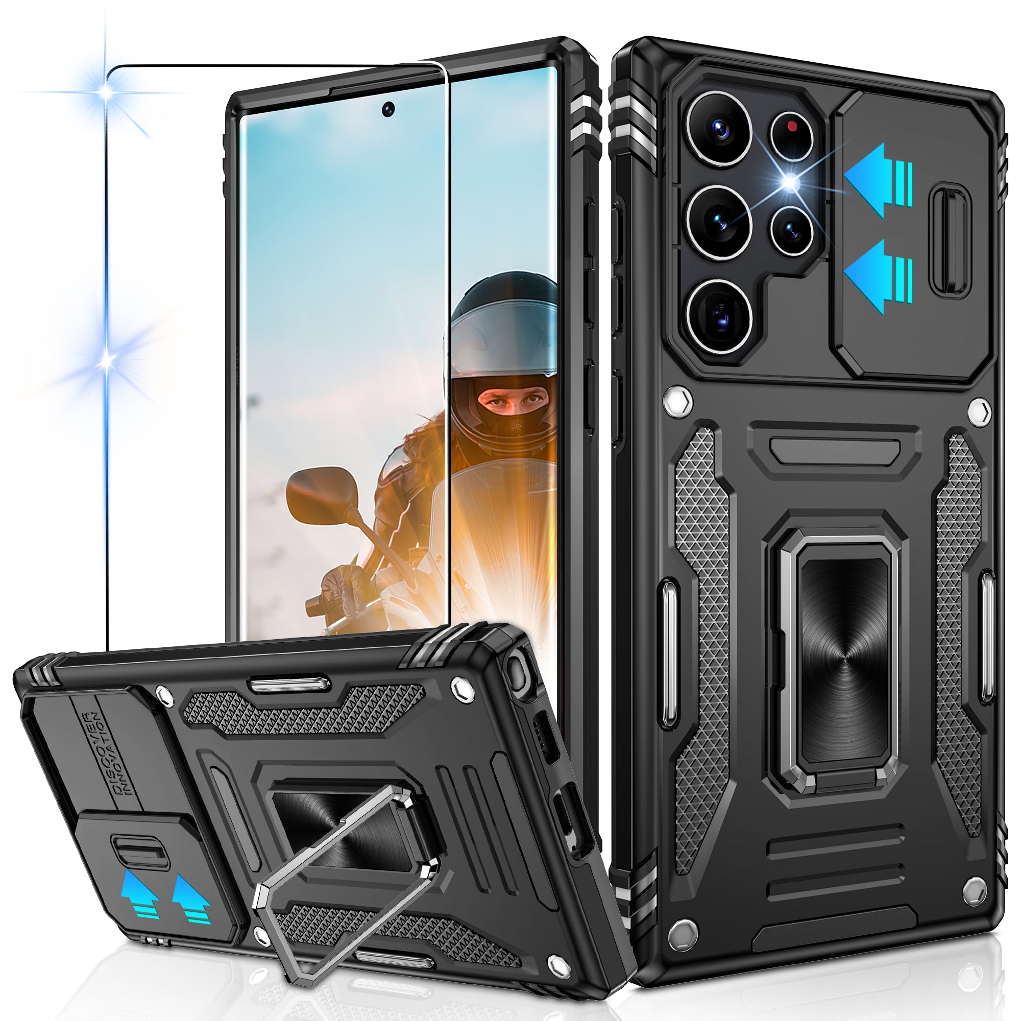 Jshru for Samsung Galaxy S22 Ultra Case with Screen Protector,Camera Protective Cover,Ring Stand,Phone Case for Men and Women,Shockproof Bumper Phone Cover