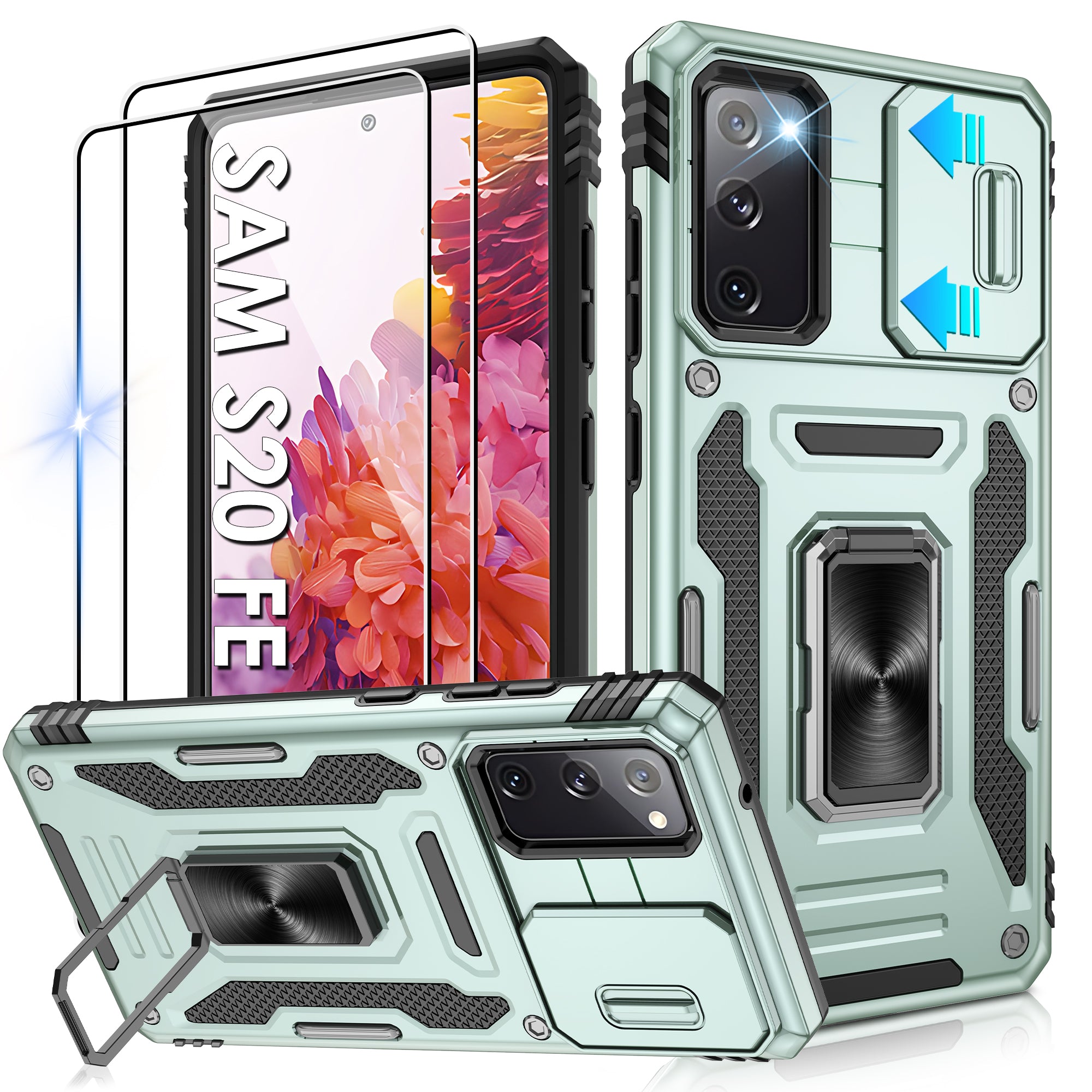 Jshru for Samsung Galaxy S20 FE Case with Screen Protector,Camera Protective Cover,Ring Stand,Phone Case for Men and Women,Shockproof Bumper Phone Cover