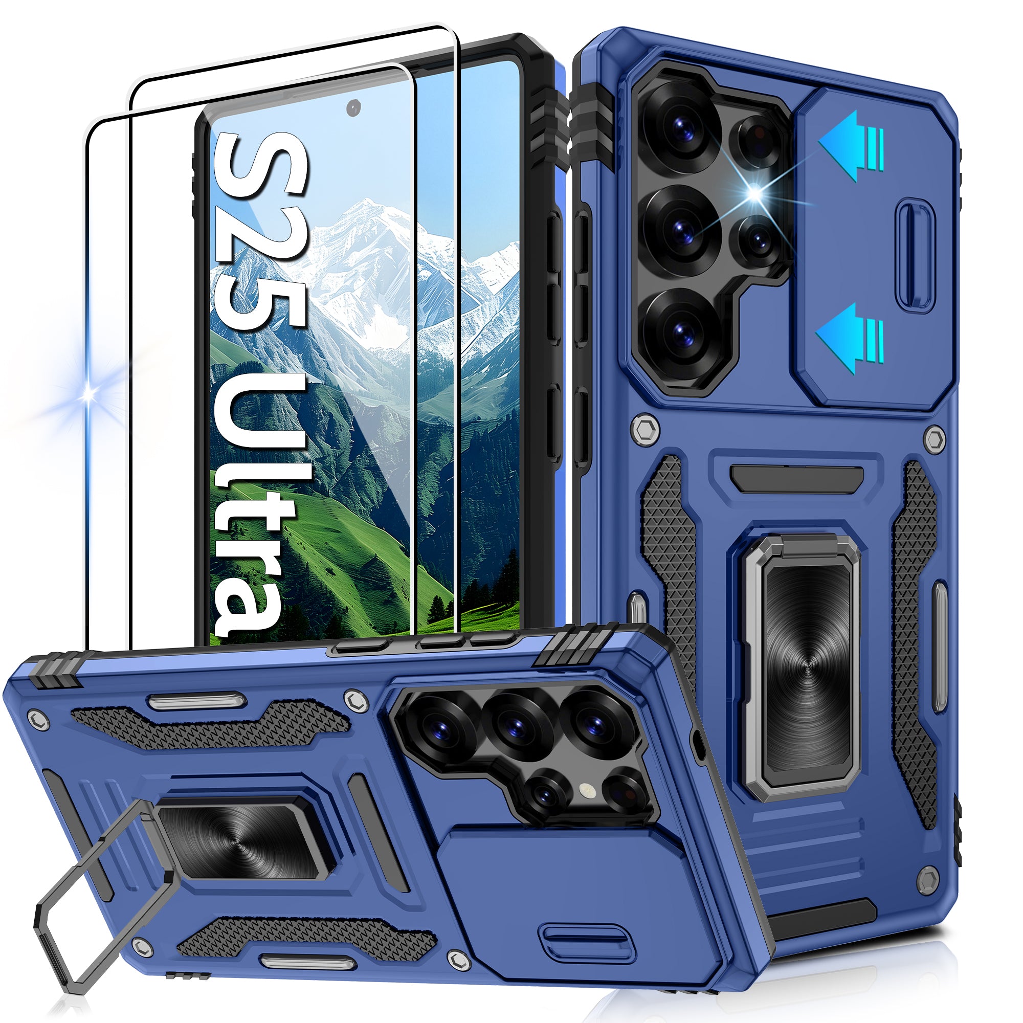 Jshru for Samsung Galaxy S25 Ultra Case with Screen Protector,Camera Protective Cover,Ring Stand,Phone Case for Men and Women,Shockproof Bumper Phone Cover