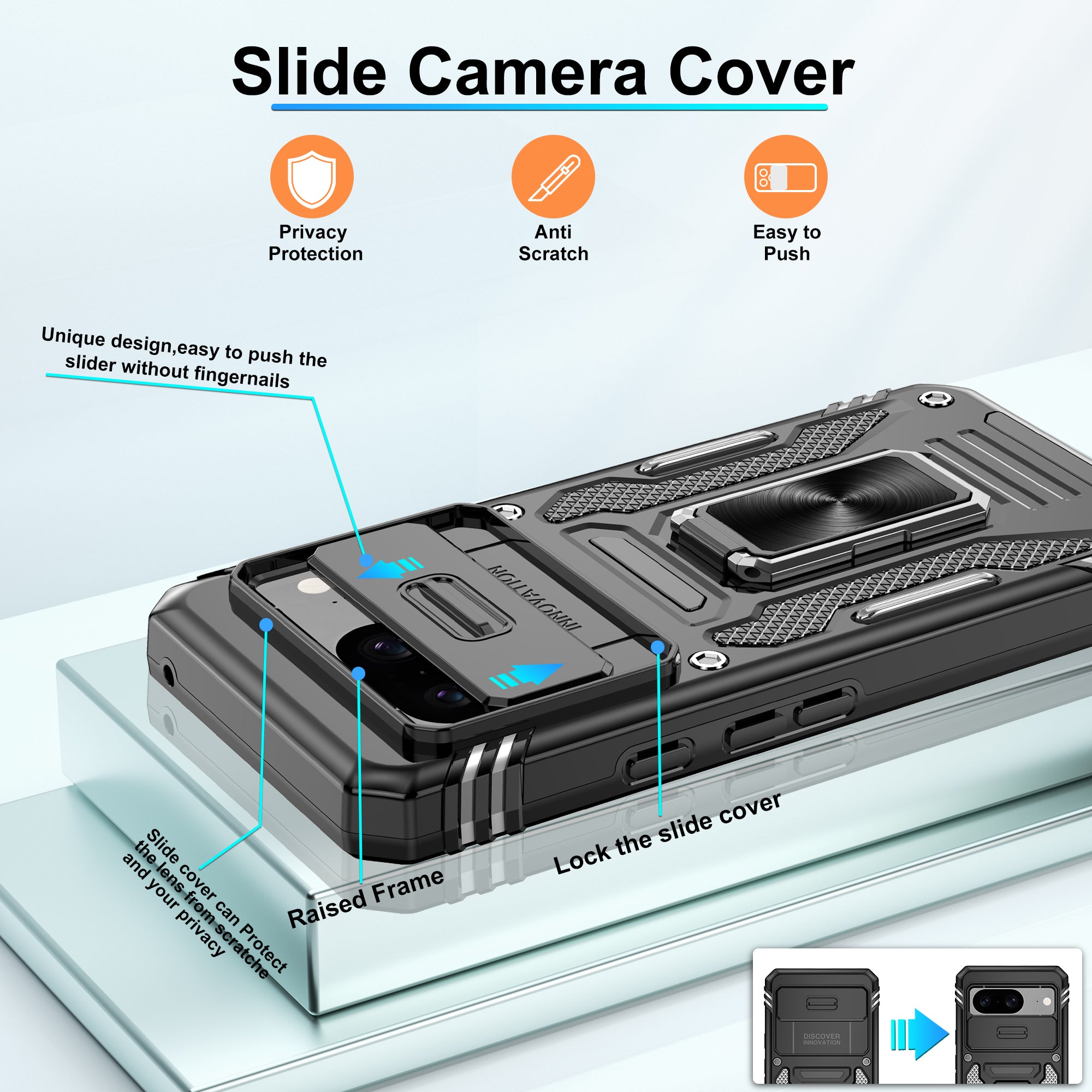 Jshru for Google Pixel 8 Case with Screen Protector,Camera Protective Cover,Ring Stand,Phone Case for Men and Women,Shockproof Bumper Phone Cover