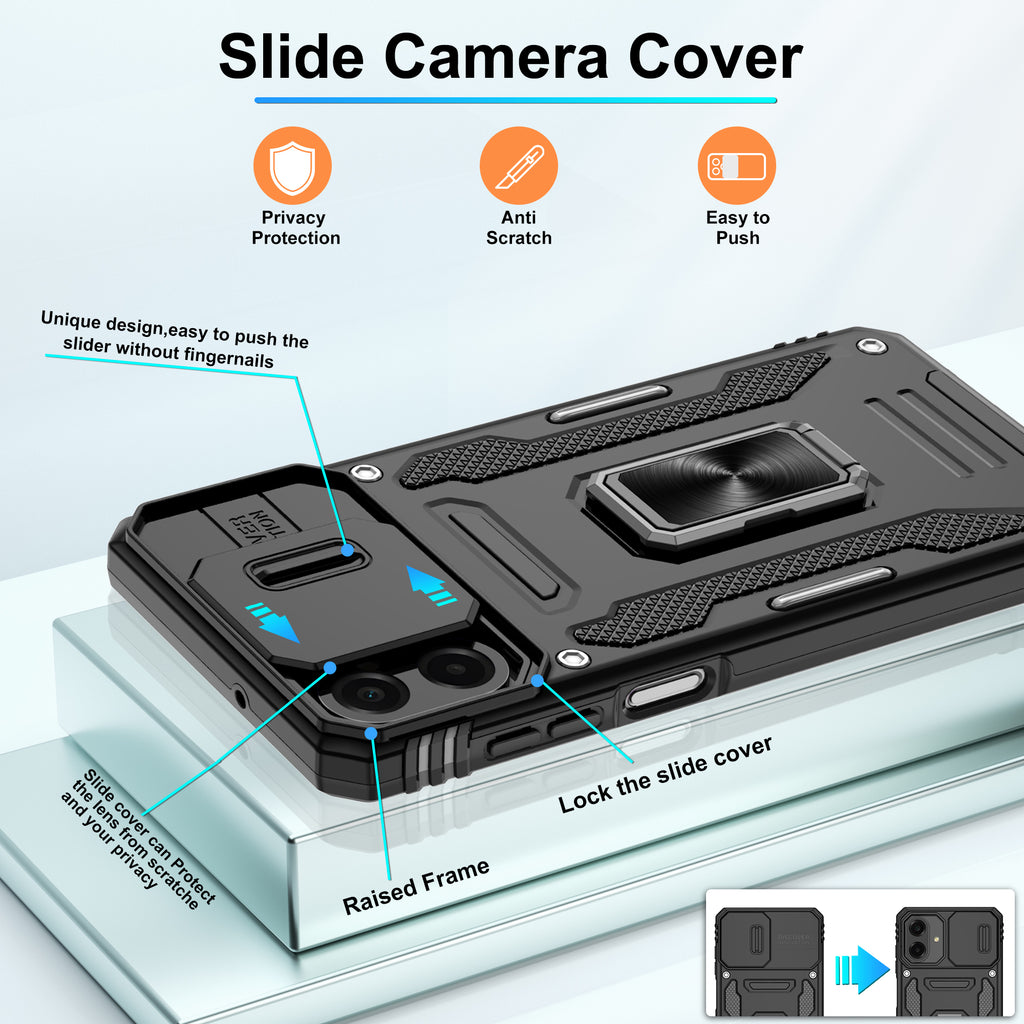 Jshru for Samsung Phone Case with Screen Protector,Camera Protective Cover,Ring Stand,Shockproof Bumper Phone Cover