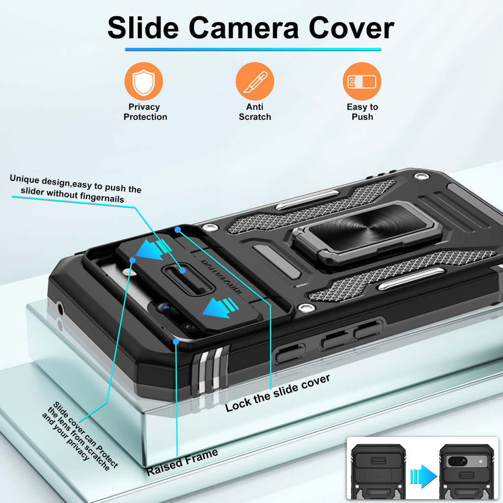 Jshru for Google Pixel 8A Case with Screen Protector,Camera Protective Cover,Ring Stand,Phone Case for Men and Women,Shockproof Bumper Phone Cover