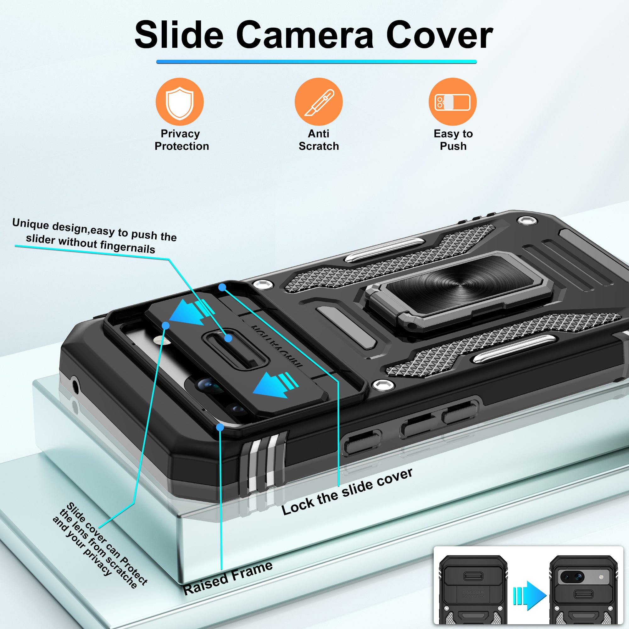 Jshru for Google Pixel 8A Case with Screen Protector,Camera Protective Cover,Ring Stand,Phone Case for Men and Women,Shockproof Bumper Phone Cover