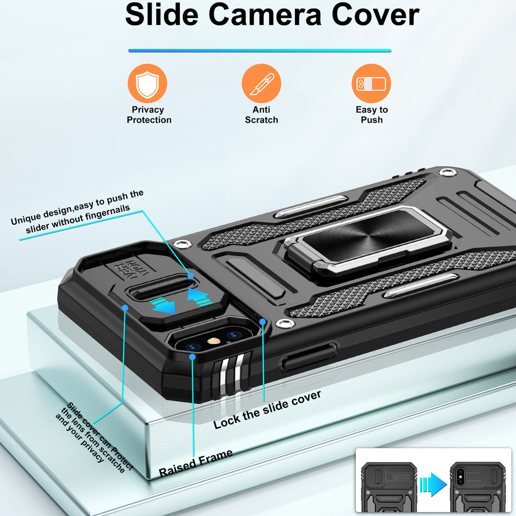 Jshru for iPhone X/XS Case with Screen Protector,Camera Protective Cover,Ring Stand,Phone Case for Men and Women,Shockproof Bumper Phone Cover