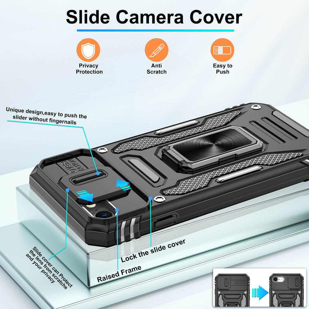 Jshru for iPhone SE 2020/2022 Case with Screen Protector,Camera Protective Cover,Ring Stand,Phone Case for Men and Women,Shockproof Bumper Phone Cover