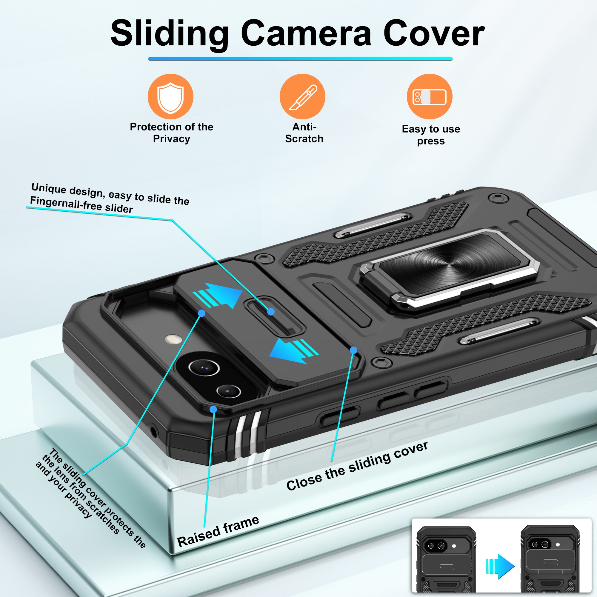 Jshru for Google Pixel 9A Case with Screen Protector,Camera Protective Cover,Ring Stand,Phone Case for Men and Women,Shockproof Bumper Phone Cover