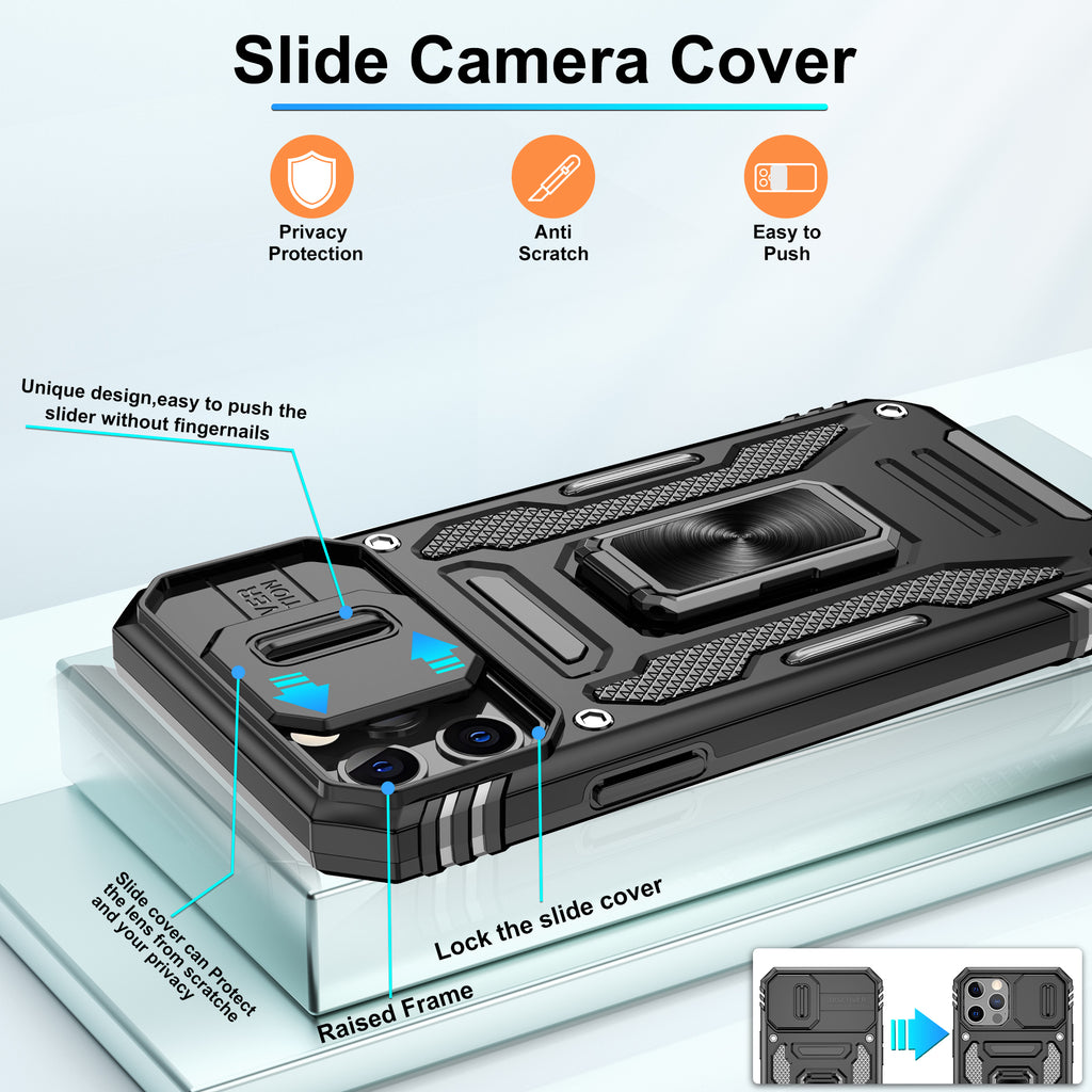 Jshru for iPhone 12/12 Pro Case with Screen Protector,Camera Protective Cover,Ring Stand,Phone Case for Men and Women,Shockproof Bumper Phone Cover