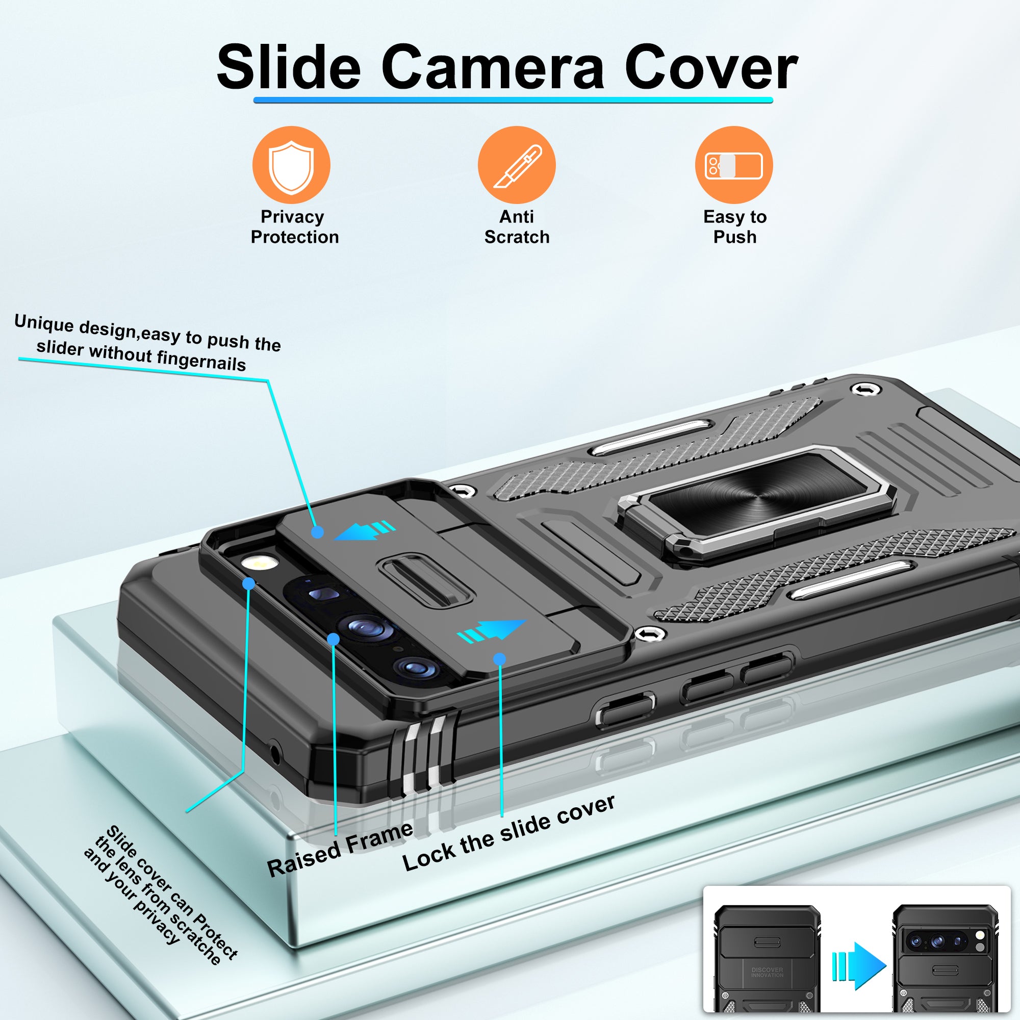 Jshru for Google Pixel 8 Pro Case with Screen Protector,Camera Protective Cover,Ring Stand,Phone Case for Men and Women,Shockproof Bumper Phone Cover