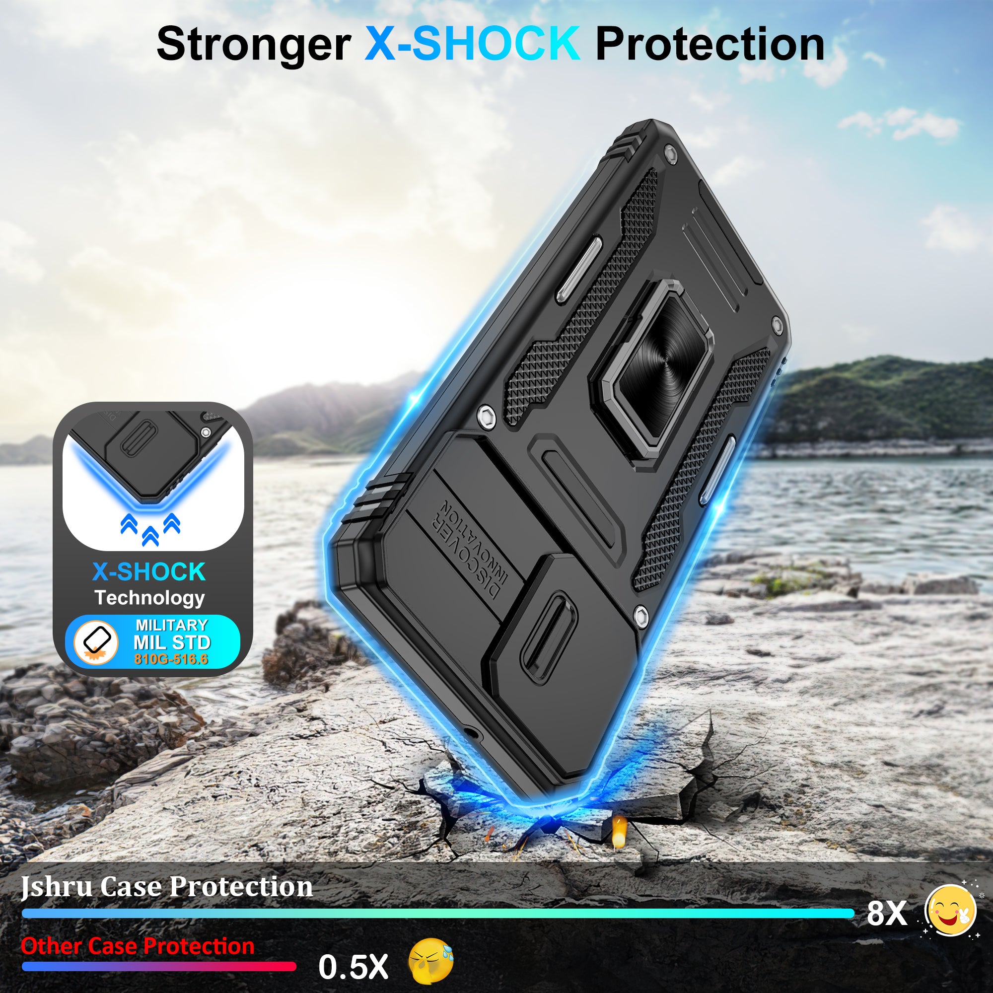 Jshru for Samsung Phone Case with Screen Protector,Camera Protective Cover,Ring Stand,Shockproof Bumper Phone Cover