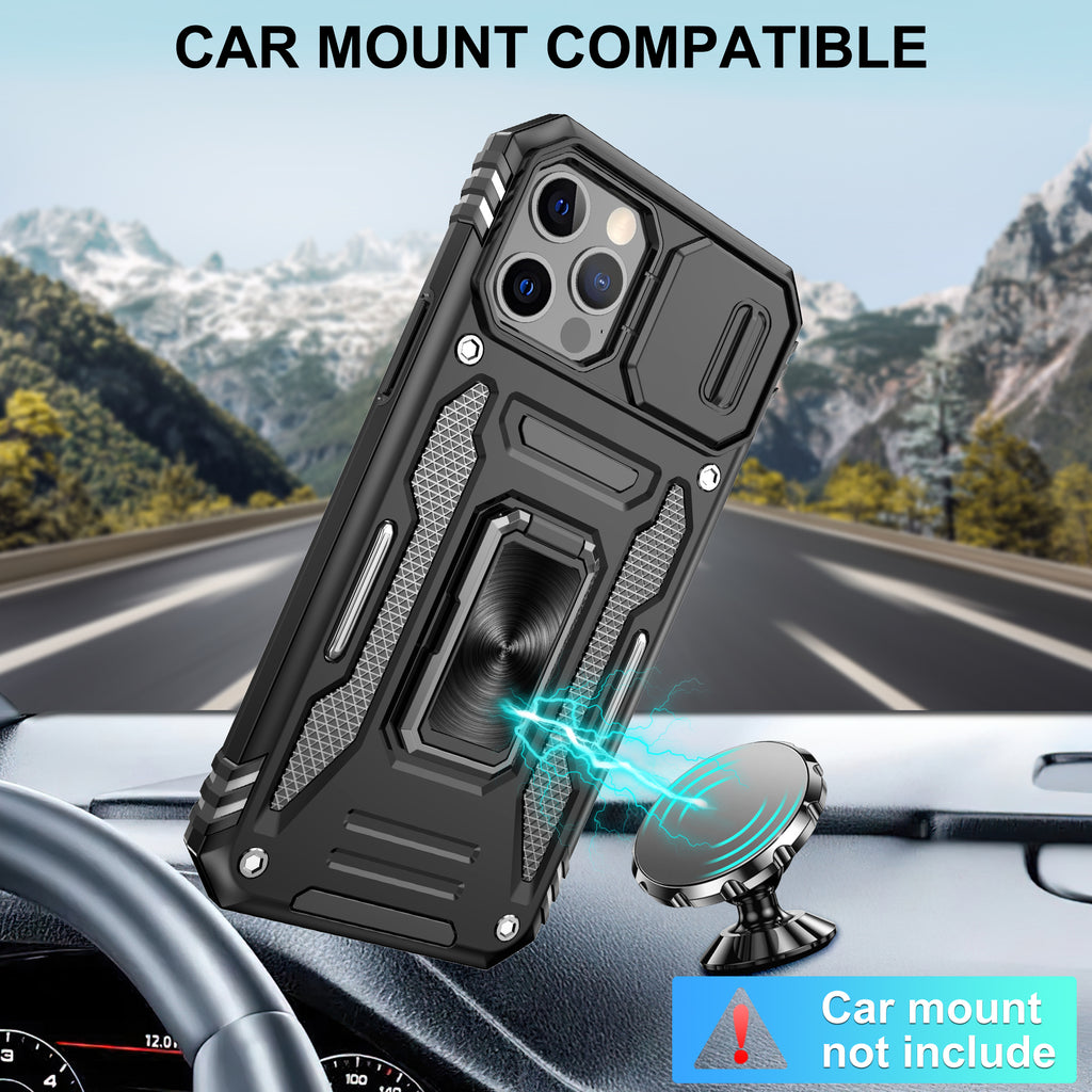 Jshru for iPhone 12/12 Pro Case with Screen Protector,Camera Protective Cover,Ring Stand,Phone Case for Men and Women,Shockproof Bumper Phone Cover