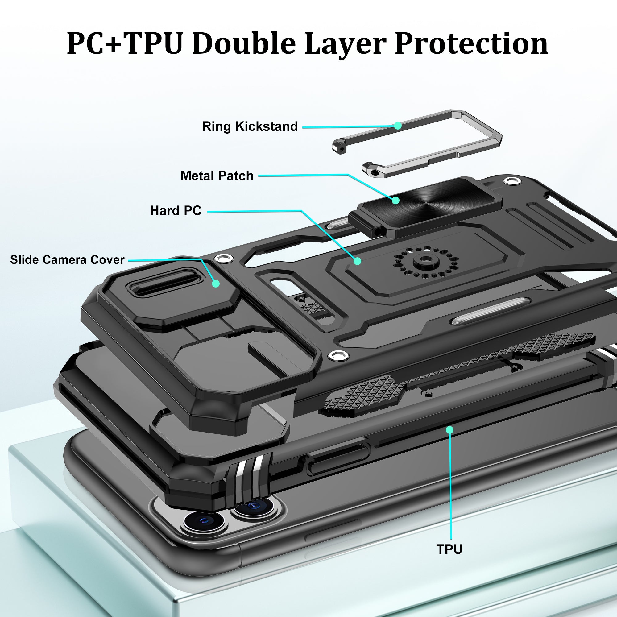 Jshru for iPhone 11 Case with Screen Protector,Camera Protective Cover,Ring Stand,Phone Case for Men and Women,Shockproof Bumper Phone Cover
