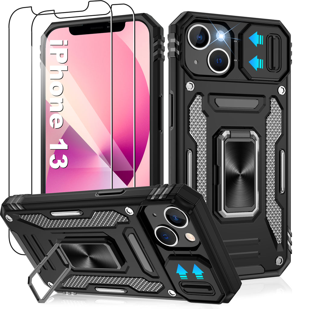 Jshru for iPhone 13 Case with Screen Protector,Camera Protective Cover,Ring Stand,Phone Case for Men and Women,Shockproof Bumper Phone Cover