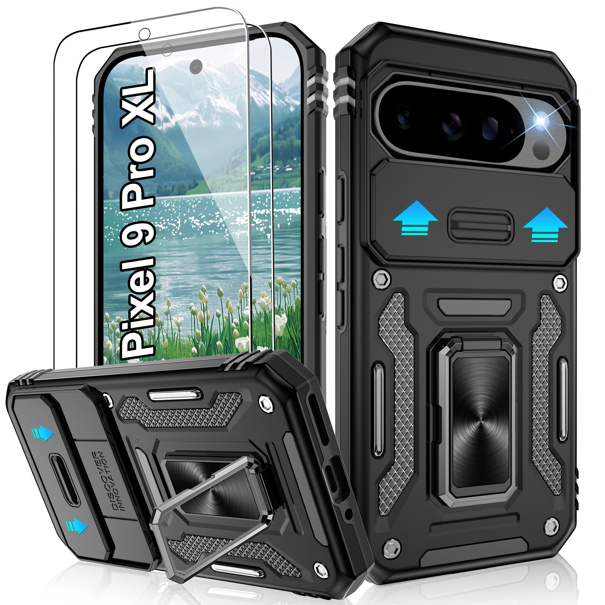 Jshru for Google Pixel 9 Pro XL Case with Screen Protector,Camera Protective Cover,Ring Stand,Phone Case for Men and Women,Shockproof Bumper Phone Cover