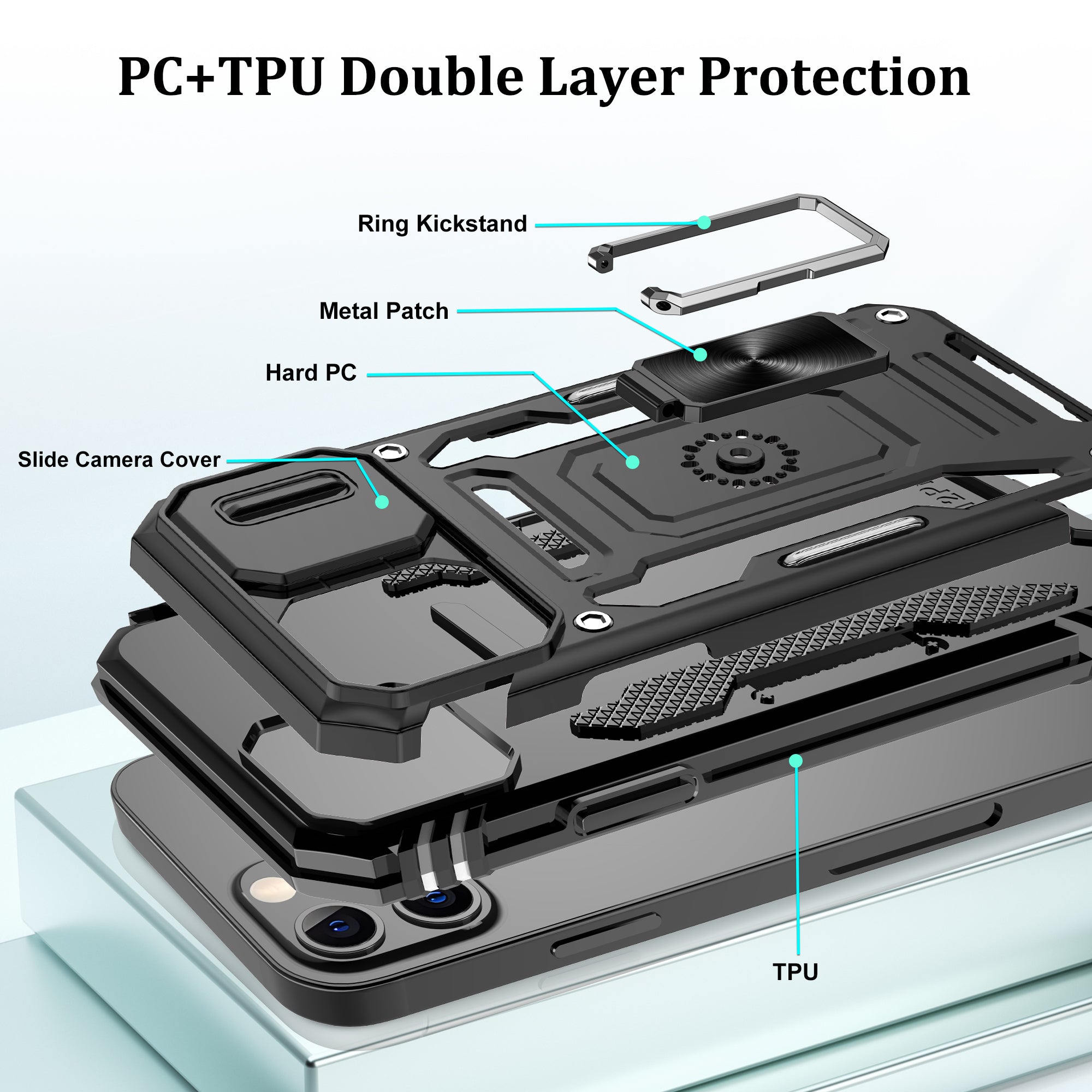 Jshru for iPhone 12/12 Pro Case with Screen Protector,Camera Protective Cover,Ring Stand,Phone Case for Men and Women,Shockproof Bumper Phone Cover