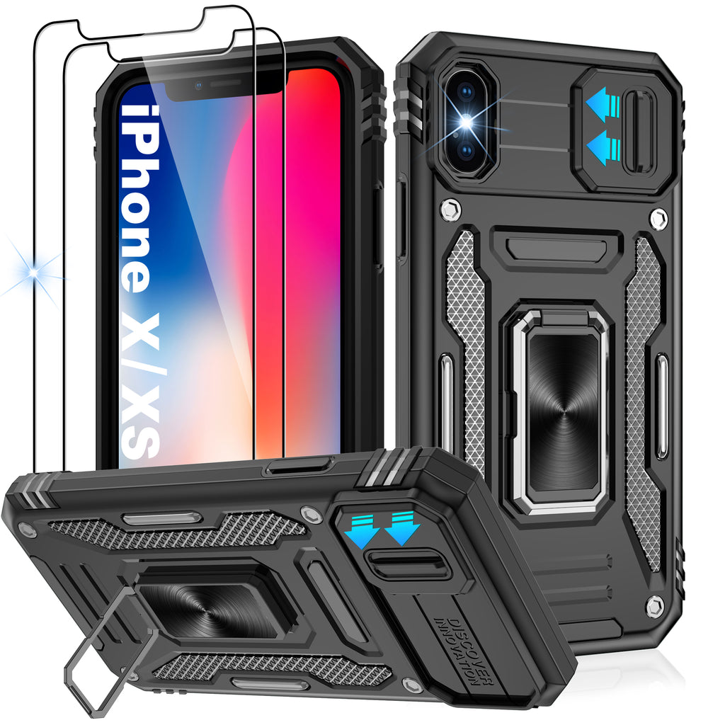 Jshru for iPhone X/XS Case with Screen Protector,Camera Protective Cover,Ring Stand,Phone Case for Men and Women,Shockproof Bumper Phone Cover