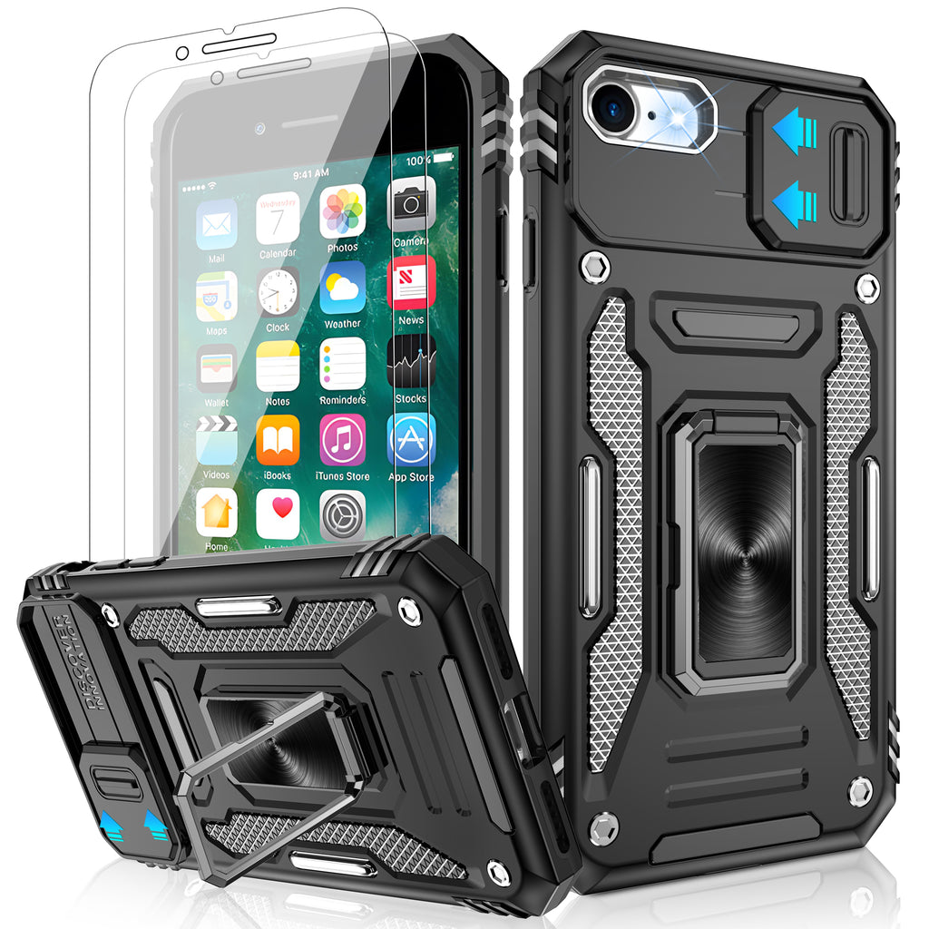 Jshru for iPhone SE 2020/2022 Case with Screen Protector,Camera Protective Cover,Ring Stand,Phone Case for Men and Women,Shockproof Bumper Phone Cover