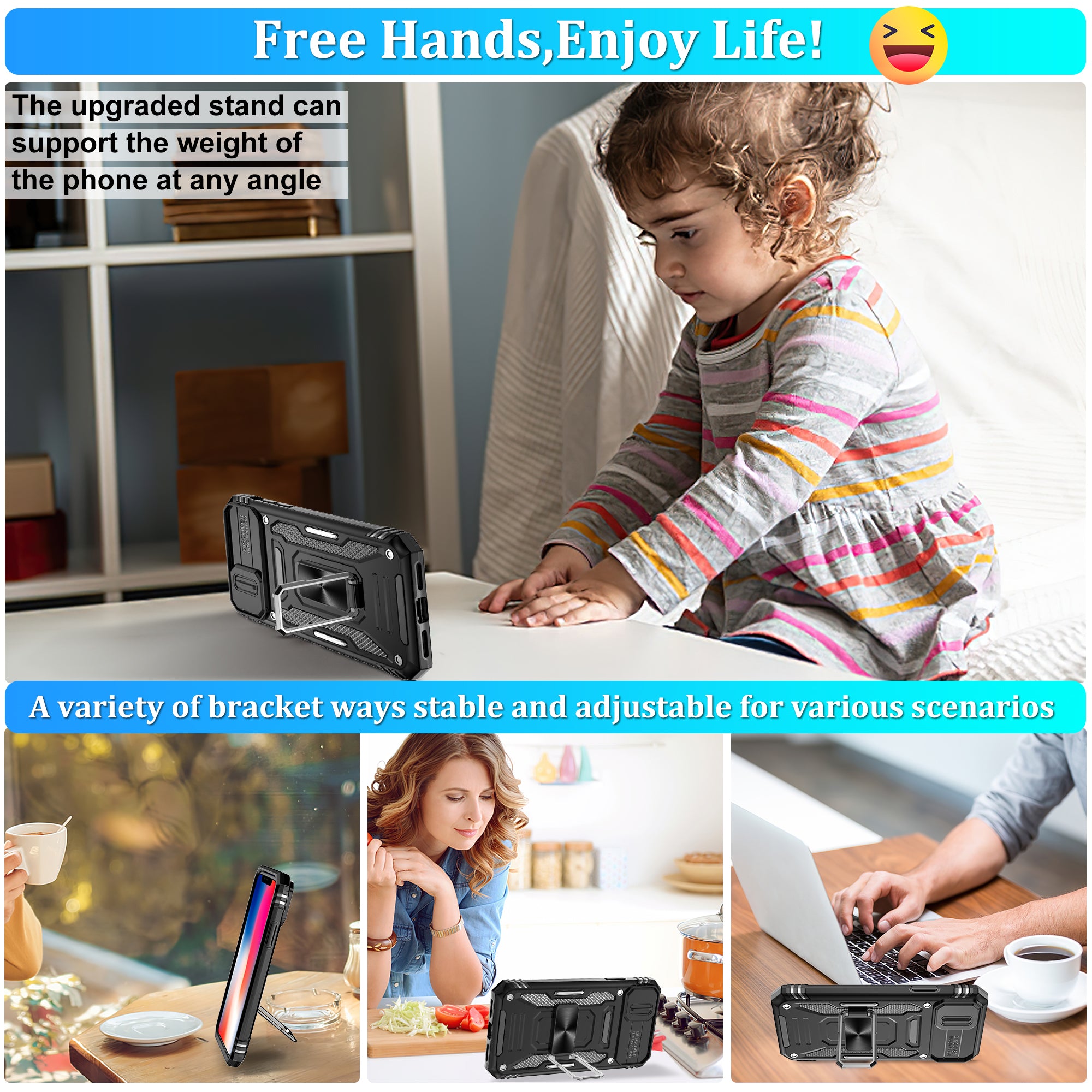 Jshru for iPhone X/XS Case with Screen Protector,Camera Protective Cover,Ring Stand,Phone Case for Men and Women,Shockproof Bumper Phone Cover