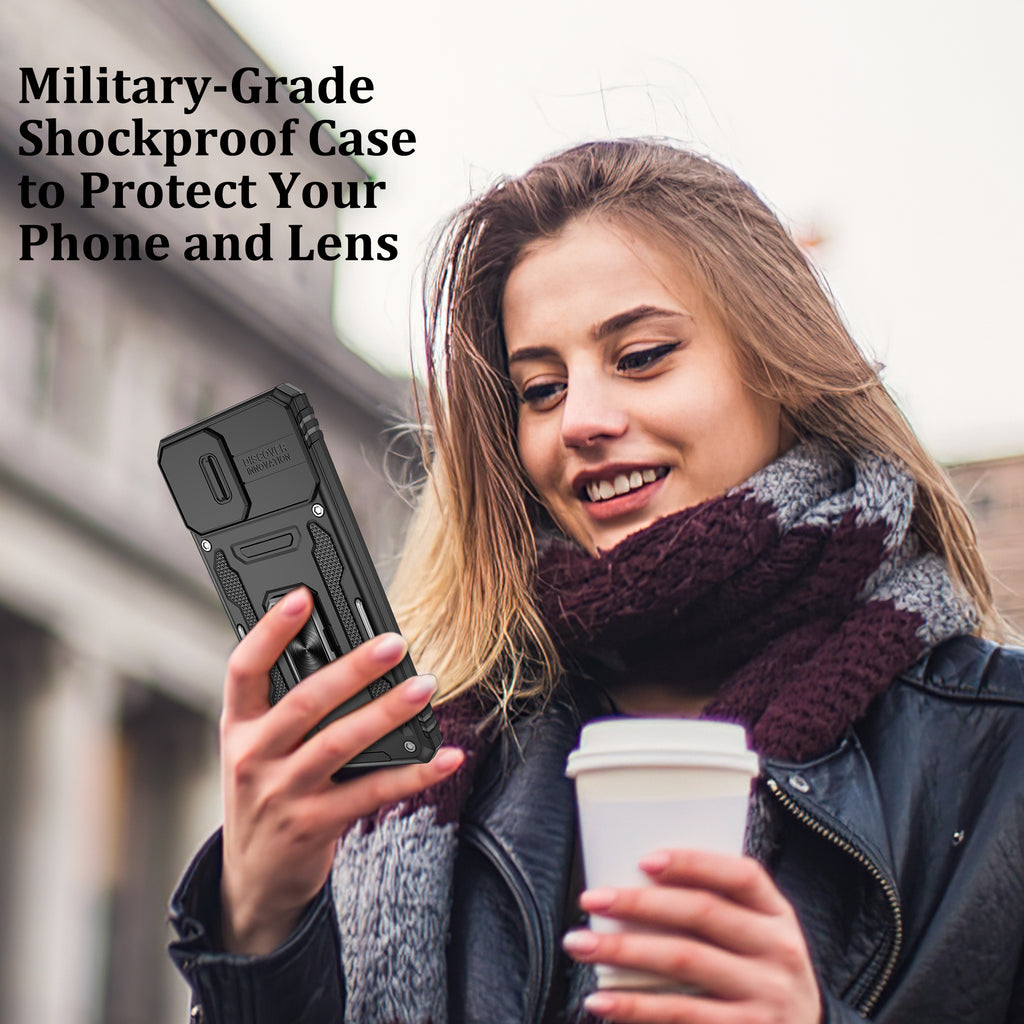 Jshru for Samsung Phone Case with Screen Protector,Camera Protective Cover,Ring Stand,Shockproof Bumper Phone Cover