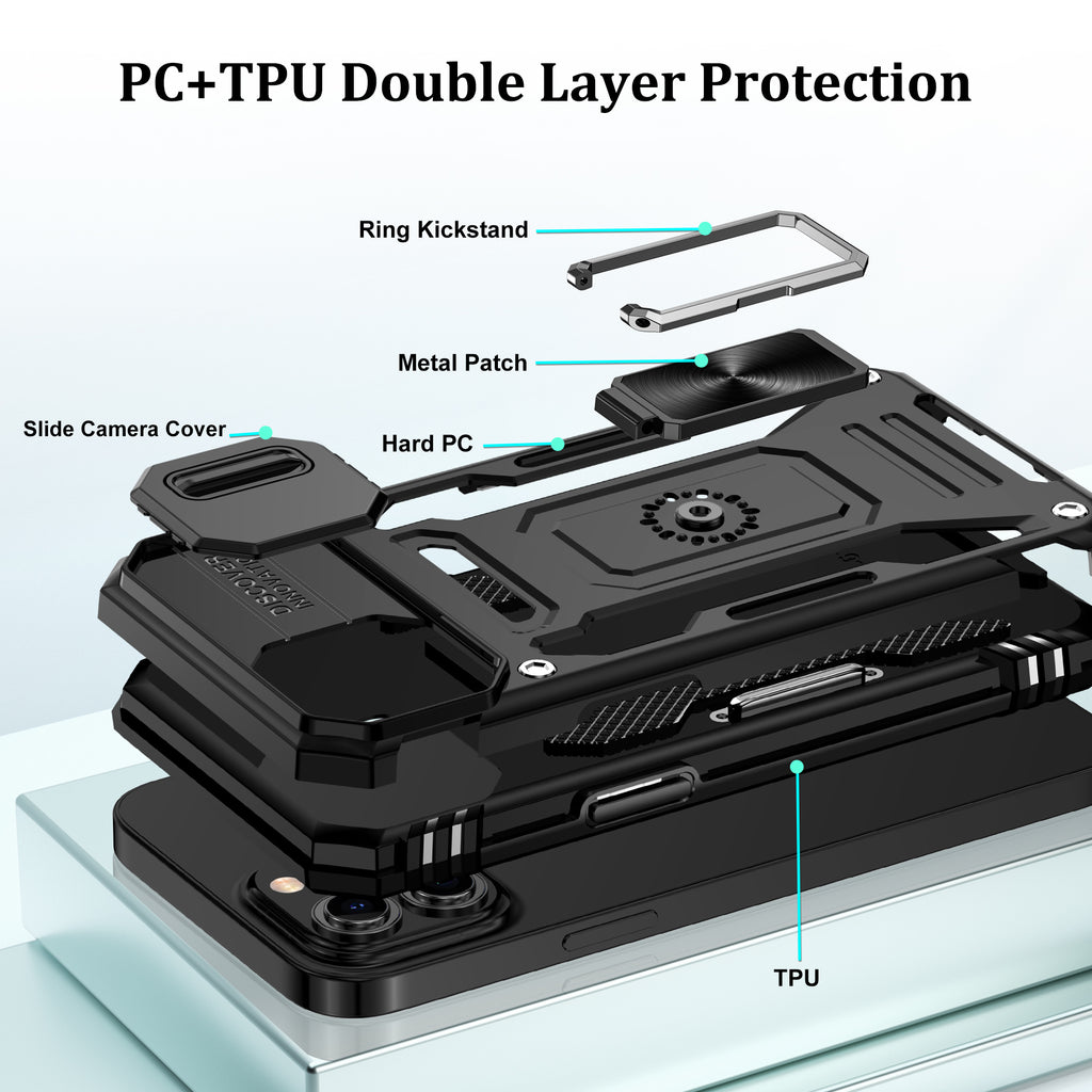Jshru for iPhone 13 Pro Max Case with Screen Protector,Camera Protective Cover,Ring Stand,Phone Case for Men and Women,Shockproof Bumper Phone Cover