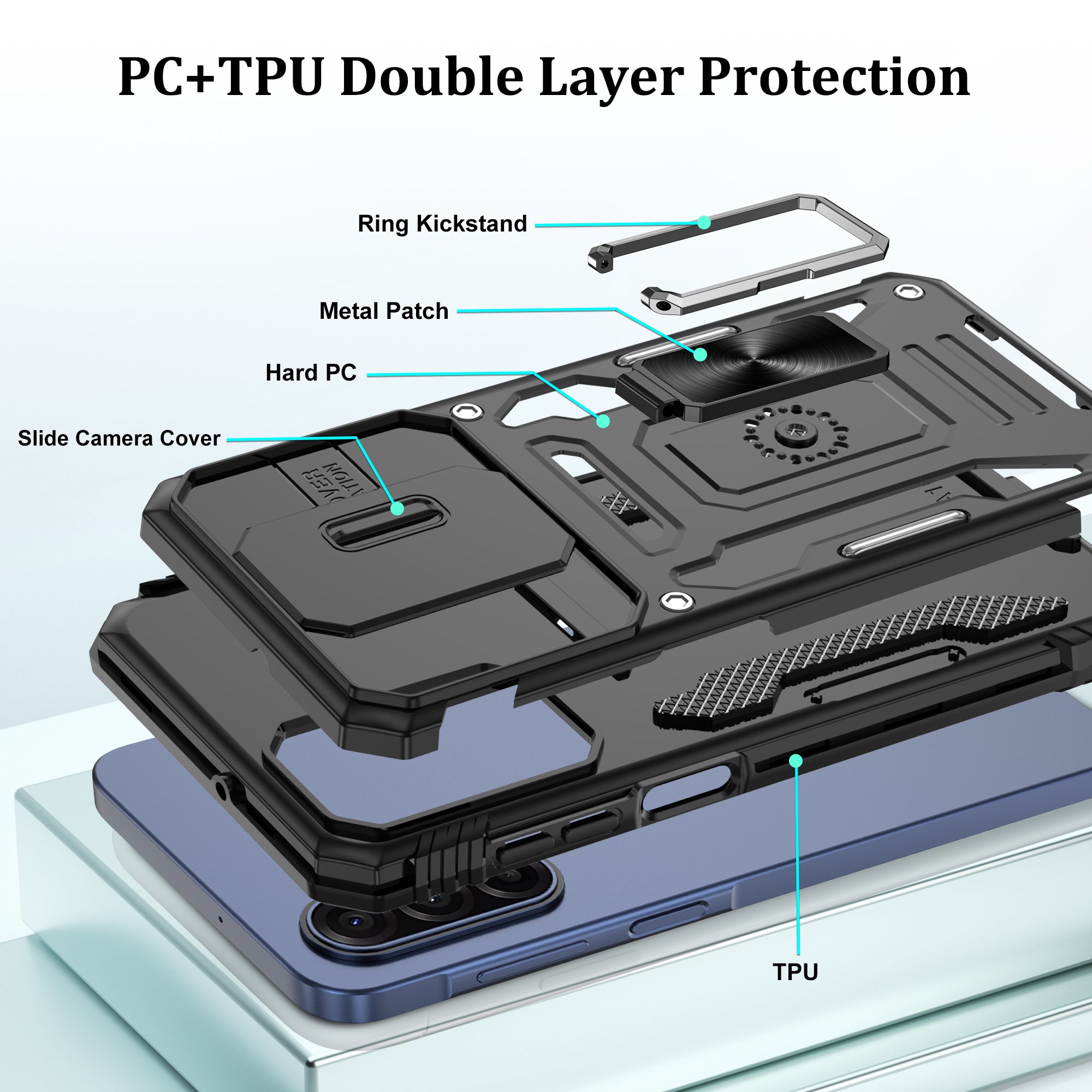 Jshru for Samsung Galaxy A17 Case with Screen Protector,Camera Protective Cover,Ring Stand,Phone Case for Men and Women,Shockproof Bumper Phone Cover