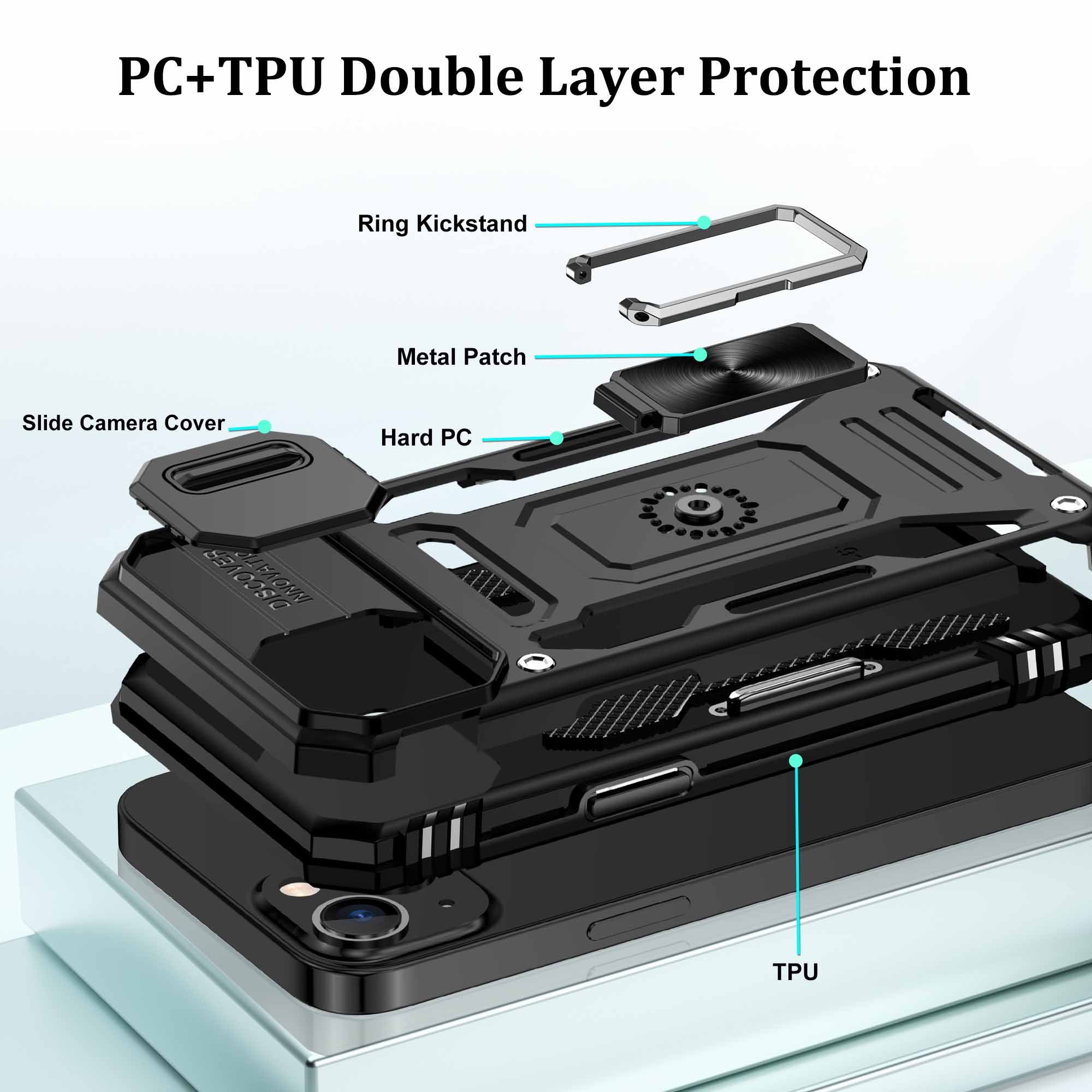 Jshru for iPhone 13 Case with Screen Protector,Camera Protective Cover,Ring Stand,Phone Case for Men and Women,Shockproof Bumper Phone Cover